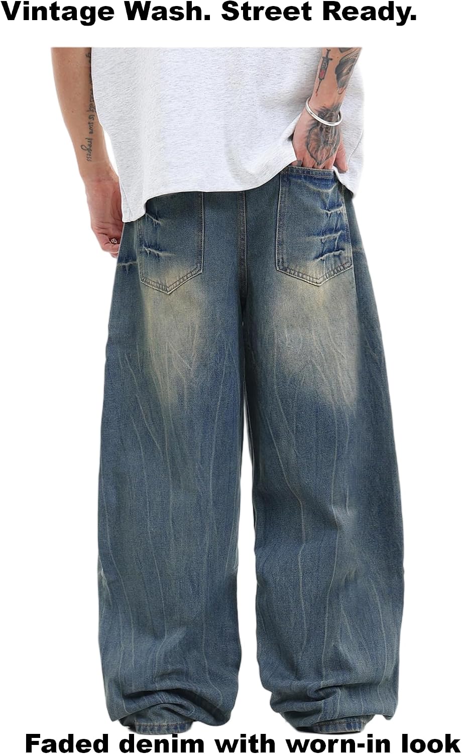 Baggy Jeans Men Wide Leg Graphic Denim Pants Vintage Washed Loose Fit Y2K Streetwear M