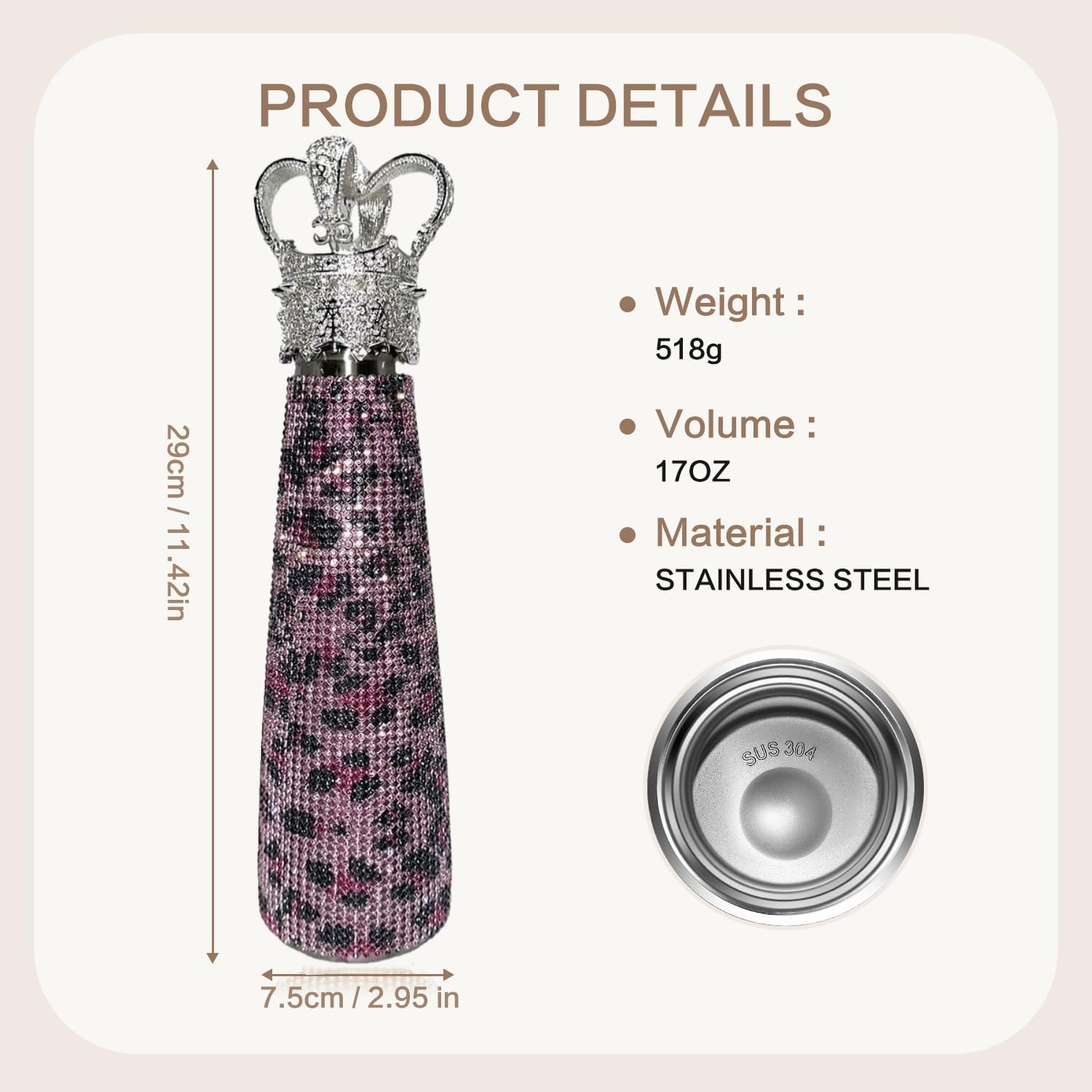 Diamond Water Bottle Bling Rhinestone Stainless Steel Thermal Bottle 17oz Queen Crown Vintage Insulated Water Bottle Gifts for Women (500ML),Leopard Pink