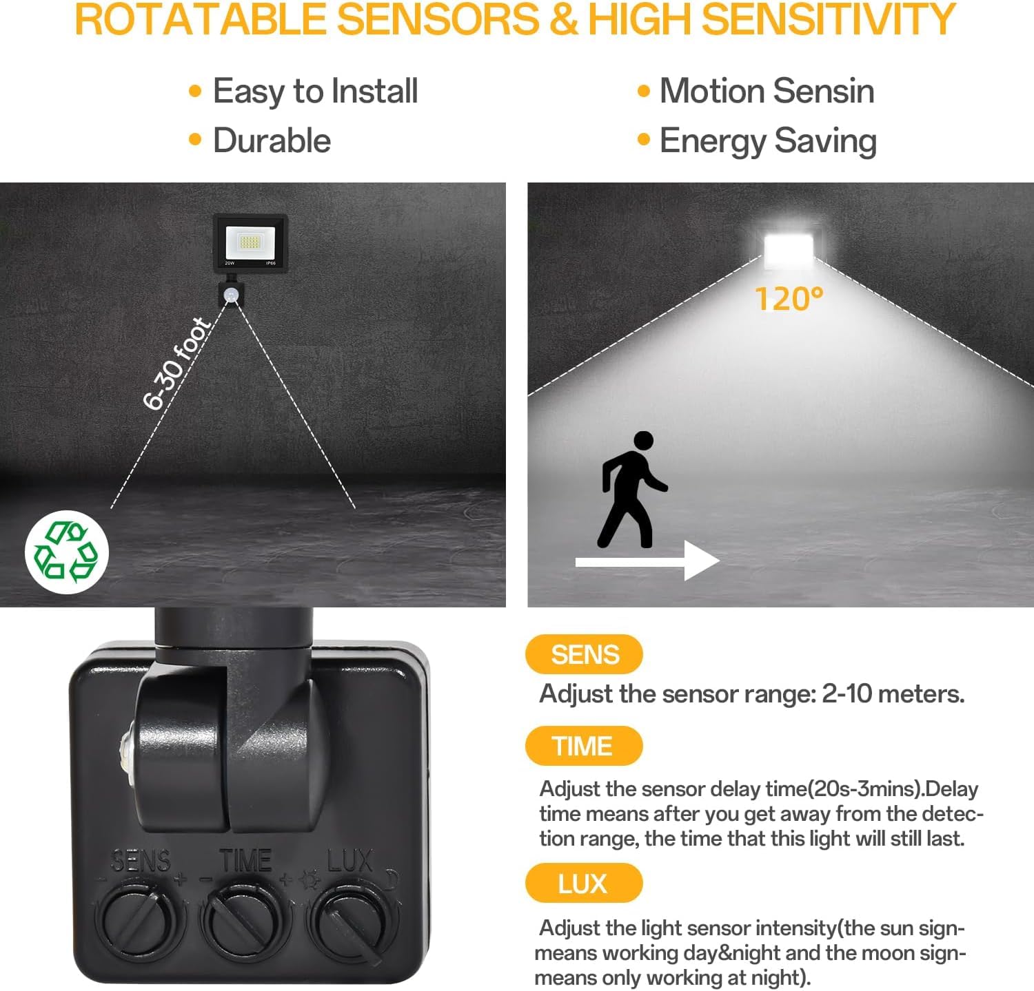 Luz de inundación con sensor de movimiento para exteriores, 20 W con cable de 5 pies, focos impermeables IP66 con fotocélula de 6000 K, luz de seguridad súper brillante para jardín, patio