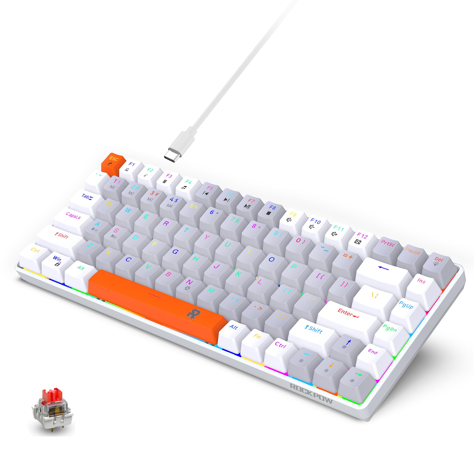 ROCK POW 70% Wired Mechanical Gaming Keyboard, 84 Keys RGB Backlit Ultra-Compact Mini Keyboard, Red Switches, USB-C, PC/Mac Gaming & Typing, Easy Carry On Trip