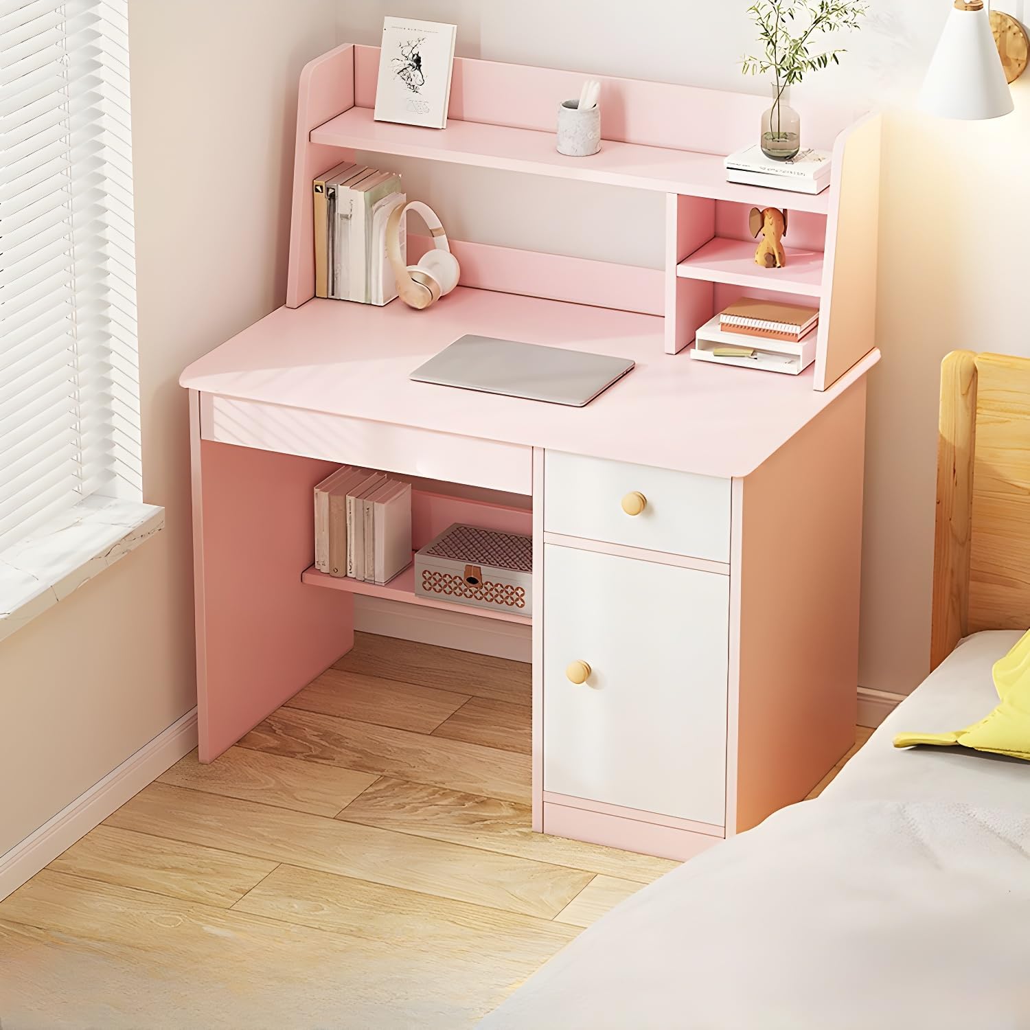LITFAD Rectangular Wood Office Desk Modern Computer Desk with Storage, Drawers Student Writing Desk for Home - Pink Desk A (Without Chair)