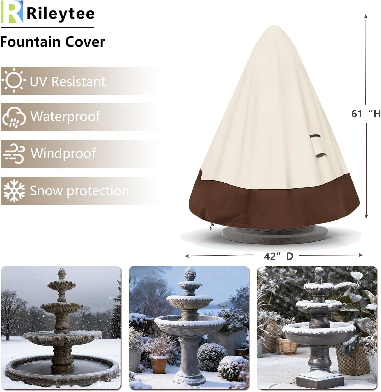 TACOMA Fountain Cover 42" Dia x 61" H,Outdoor 600D Heavy Duty Garden Fountains Statue Protective Cover with Drawstring,Waterproof Windproof Fountain Protector Covers for Winter(Beige & Brown)