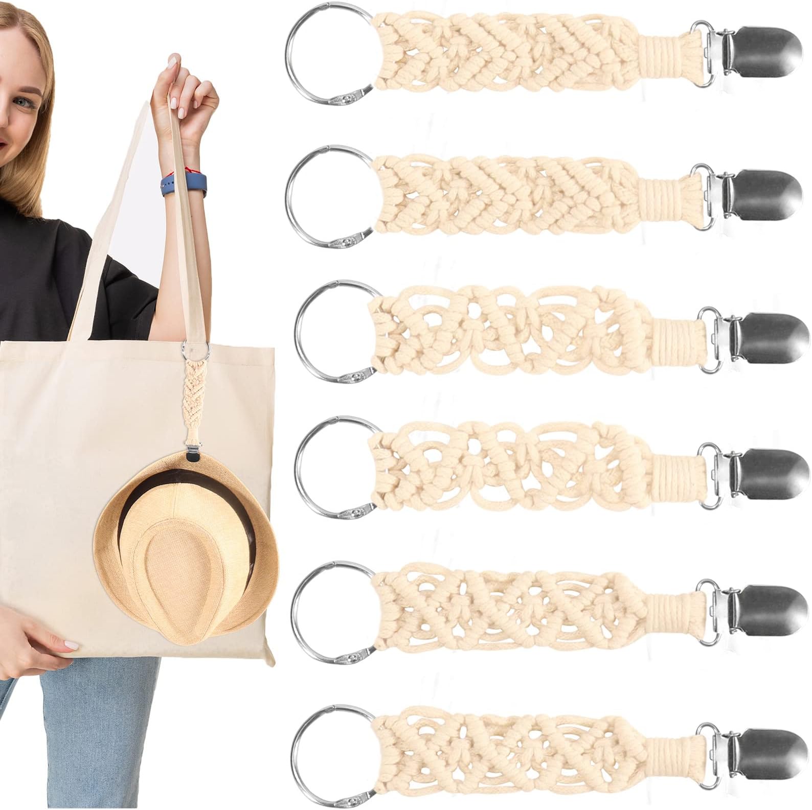 – 6 Pcs Hat Clips for Travel, Elastic Hat Holder Clips for Backpack Handbag, Hat and Mitten Straps for Outdoor Hiking, Travel Accessories for Adults Kids, Beige Dress Strap Clips