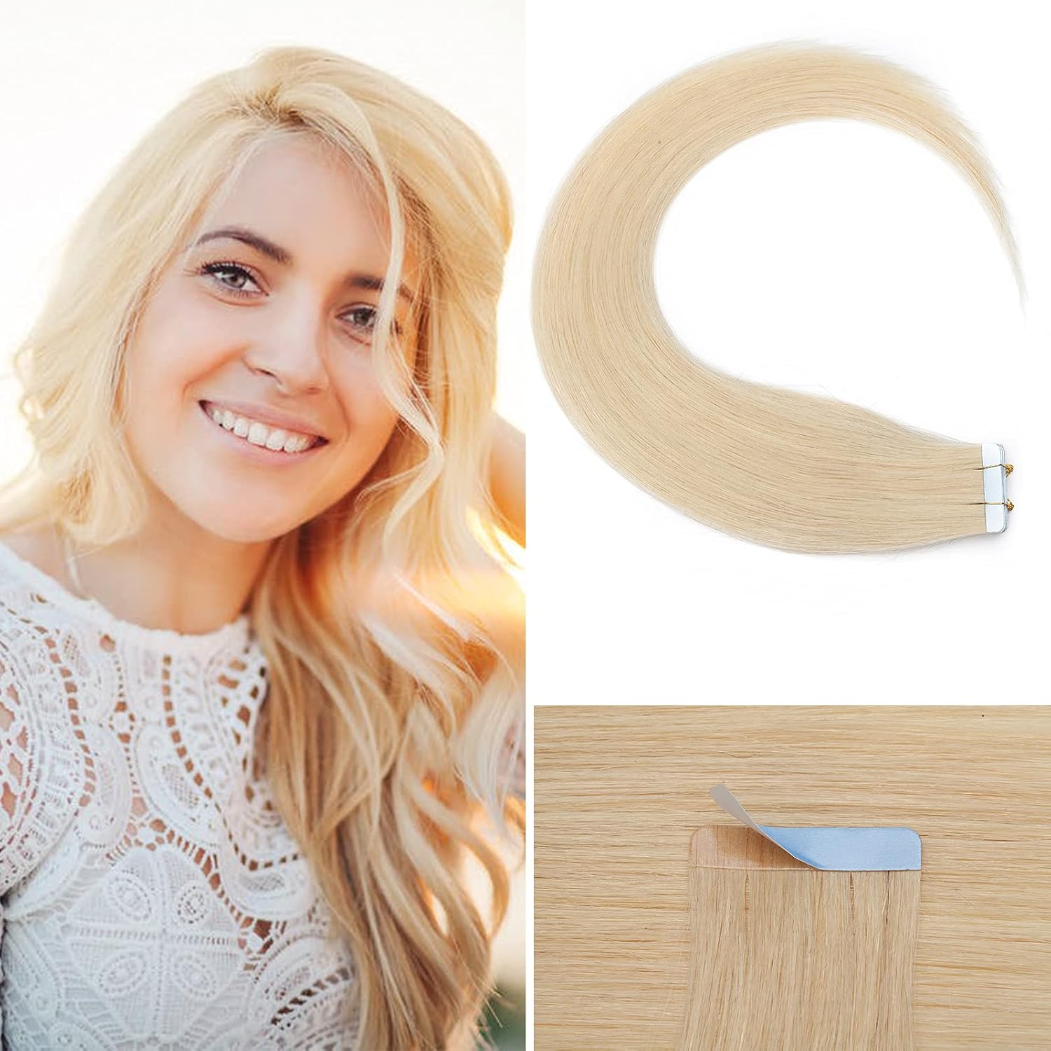 Silk-co Tape in Hair Extensions Real Straight Human Hair 20 inch 10 Pieces #613 Bleach Blonde Remy Hair Extension Seamless Straight