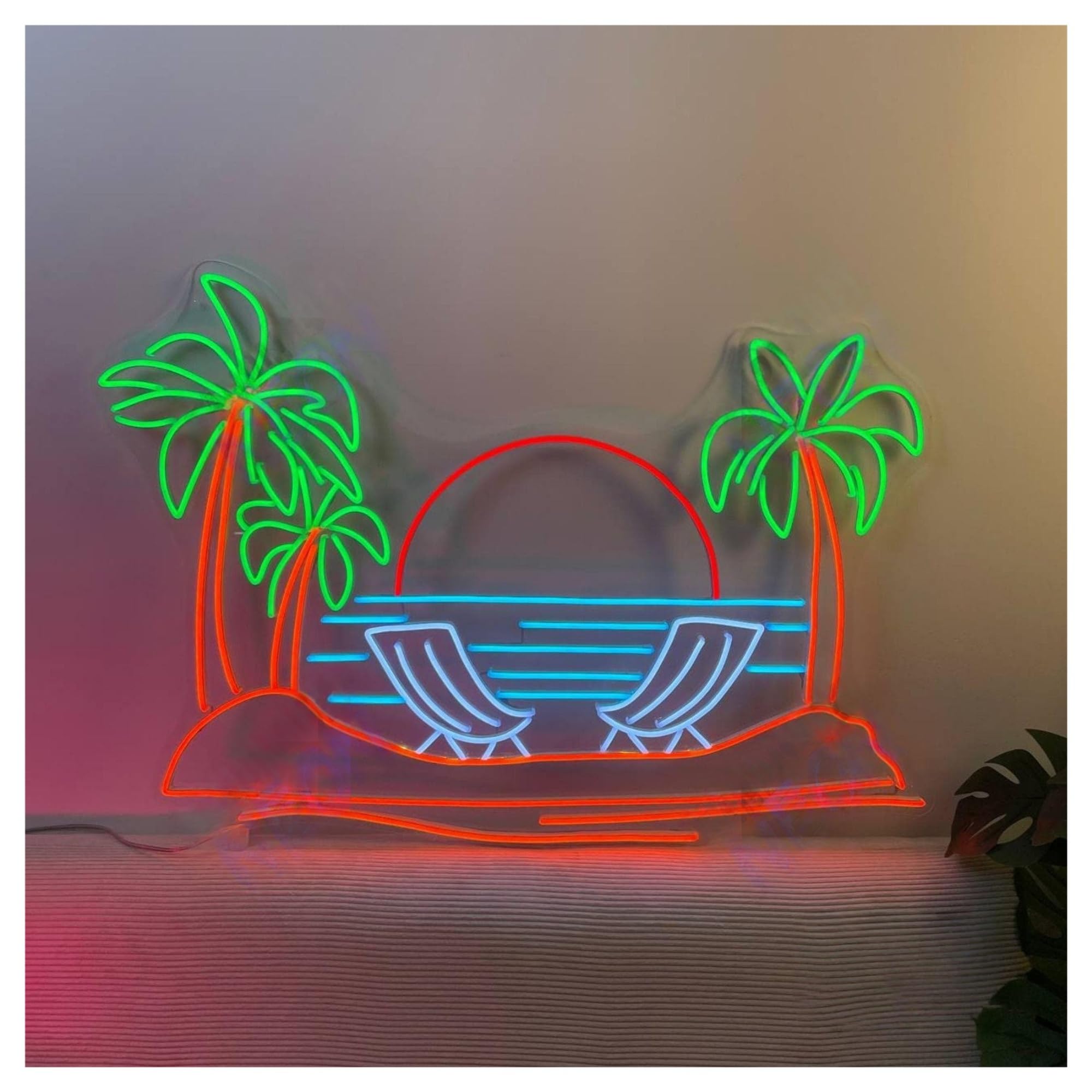 RONGCH Hanging Art Neon Signs Ocean Palm Tree Neon Sign Beach Sunset Hello Summer Tropical Island Holiday Pool Party Room Wall Decor 58cm