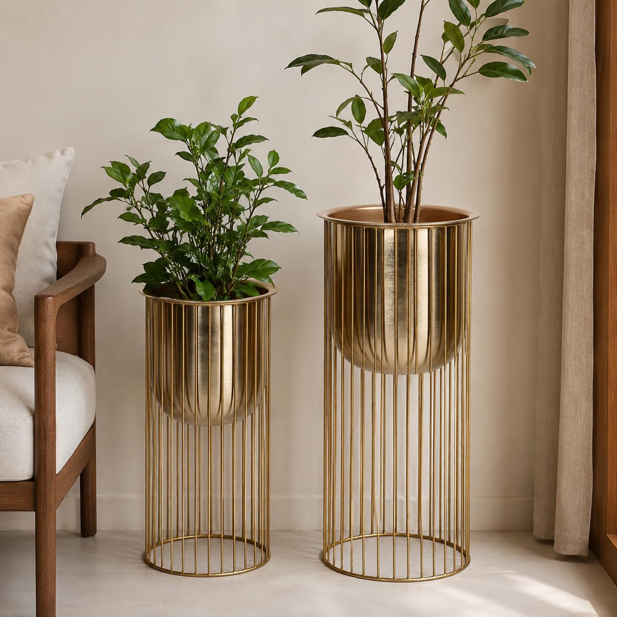 INDIAN DECORMART Premium Metal Planter with Stand | Gold Finish Indoor Outdoor Flower Pot for Living Room Balcony Garden Home Decor (Set of 2)-image-24