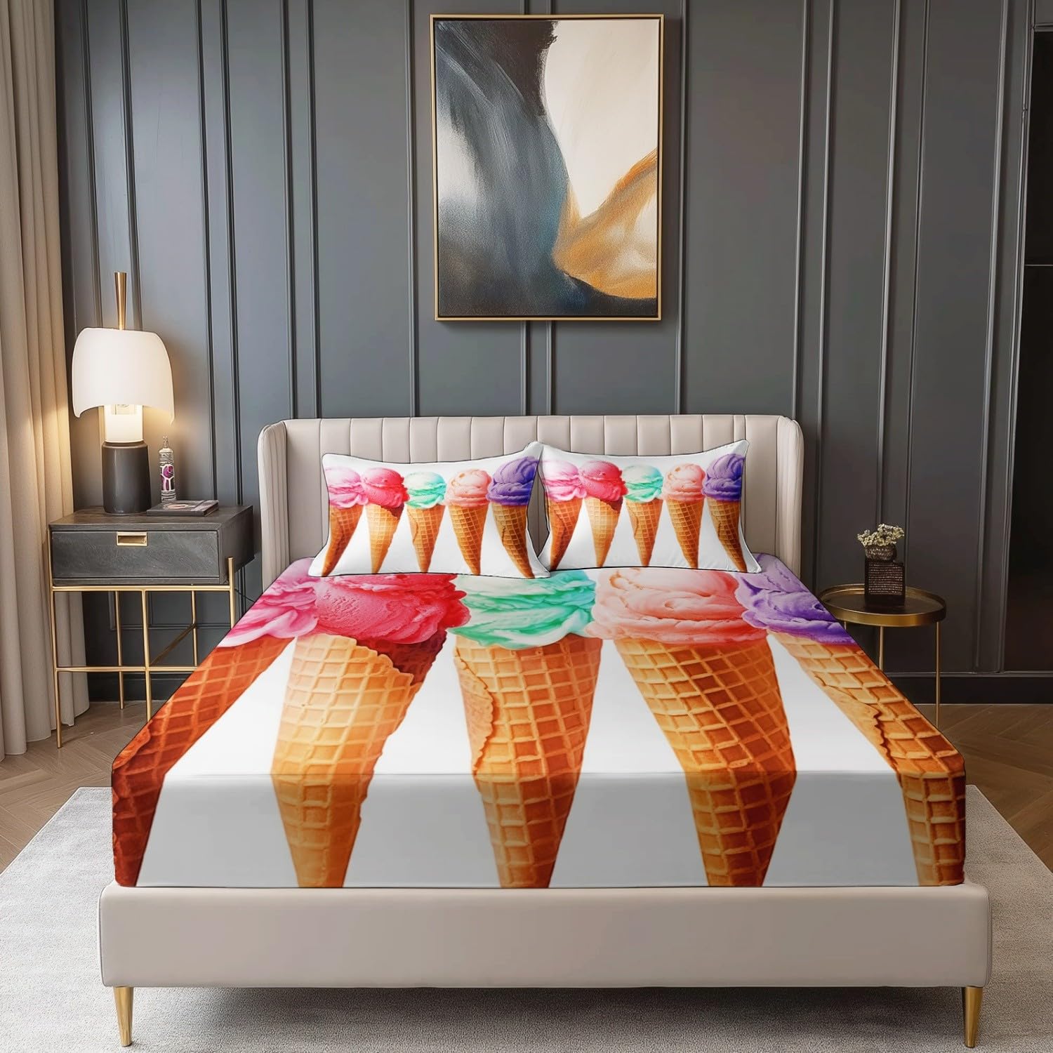 Drap Housse Set Simple Glace À L'Aquarelle Thème, Blanc Drap-Housse Respirant Résistant avec 2 Taies d'oreiller, 140 x 190 cm Drap de Lit Convient aux Matelas Jusqu'à 30 cm D'épaisseur