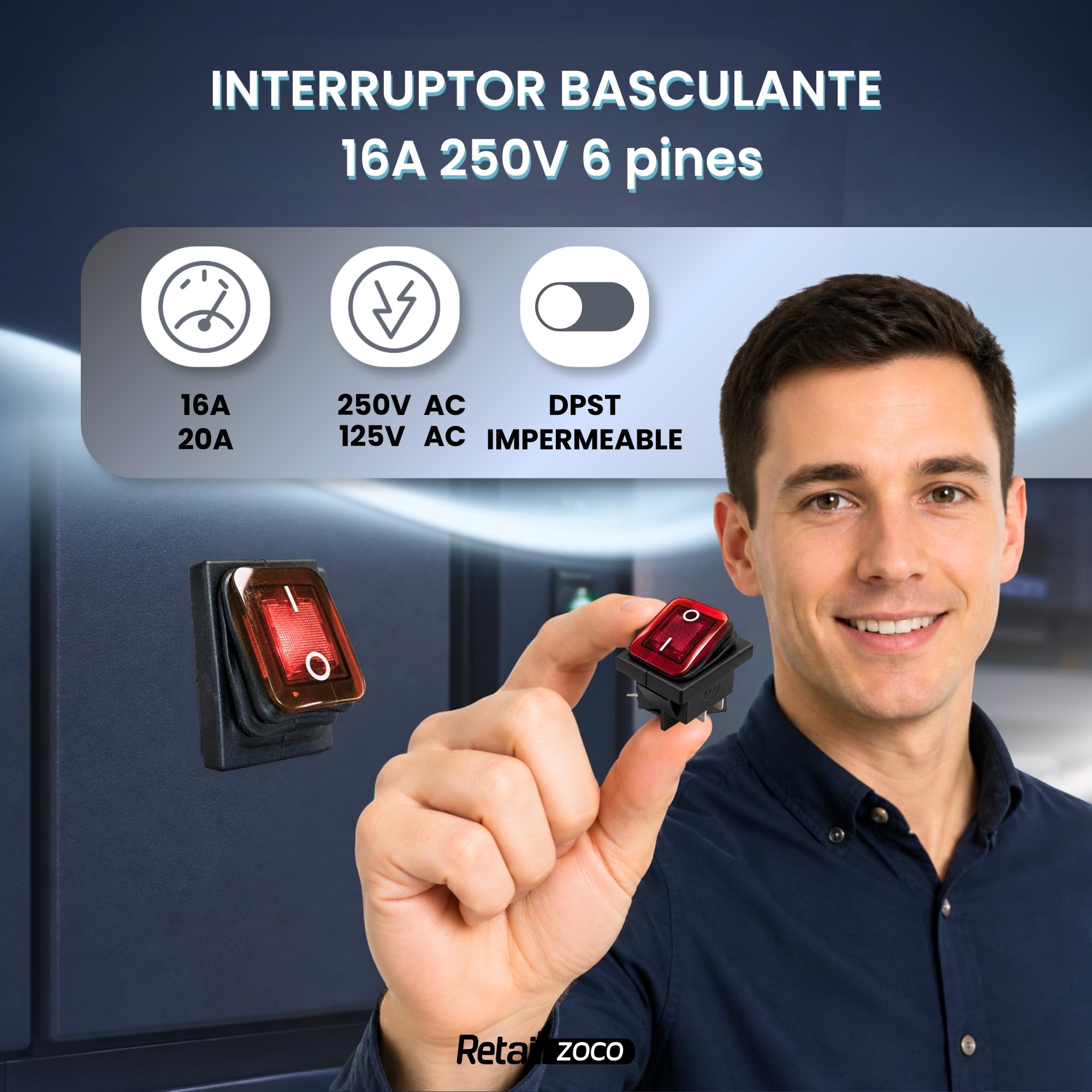 Interruptor Basculante DPST ON/OFF 4 pin, Luz Roja, 1 Unidades - imagen 2