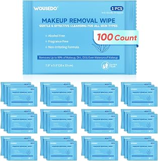 100 Count Makeup Remover Wipes, Bulk Gentle Cleansing Facial Towelettes, Individually Wrapped Travel Size,Alcohol-Free & Hypoallergenic for All Skin Types