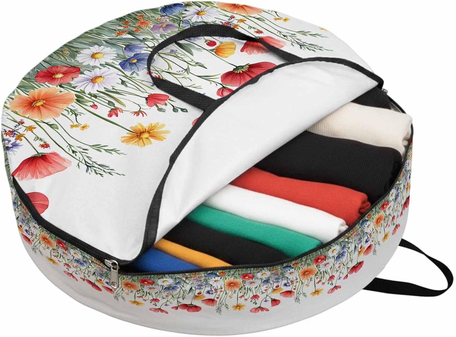 Farmhouse Floral Round Storage Bag 24 Inch, Nature Colorful Wildflower Spring Botanical Clothes Storage Container with Handles Heavy Duty Organizer for Comforter, Bedding & Holiday Wreaths