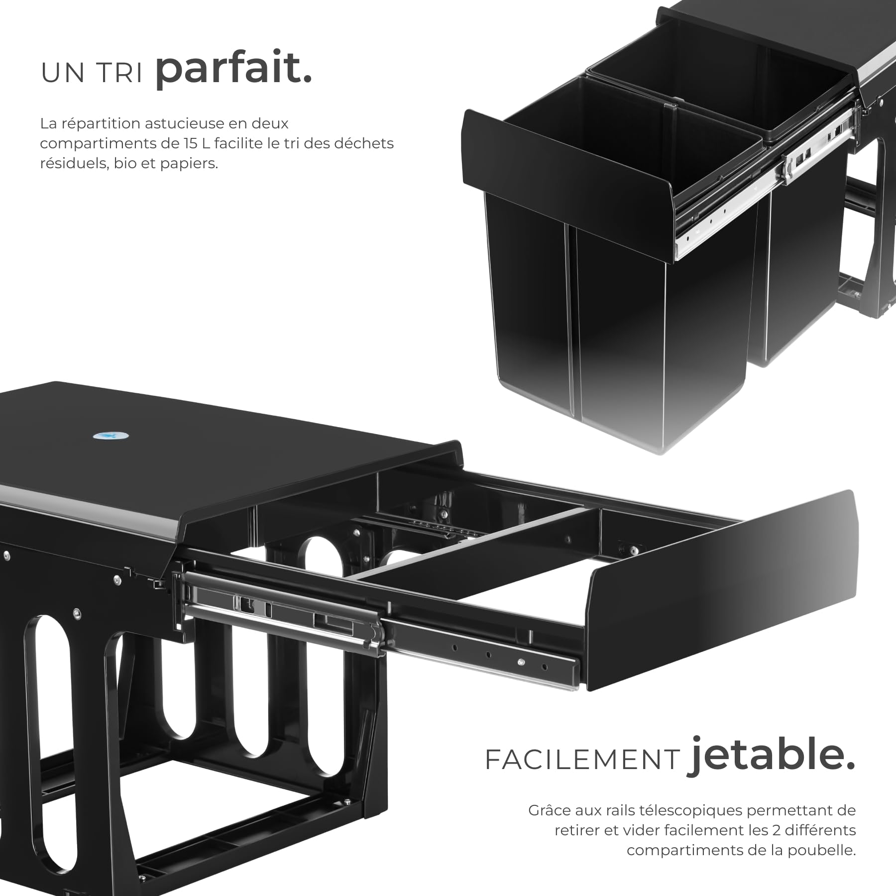 tectake® Poubelle de tri selectif pour Meuble de cuisine Poubelle cuisine Noir Poubelle 2 compartiments 2x15L Poubelle cuisine 30 litres Poubelle sous evier Poubelle encastrable Poubelle plastique