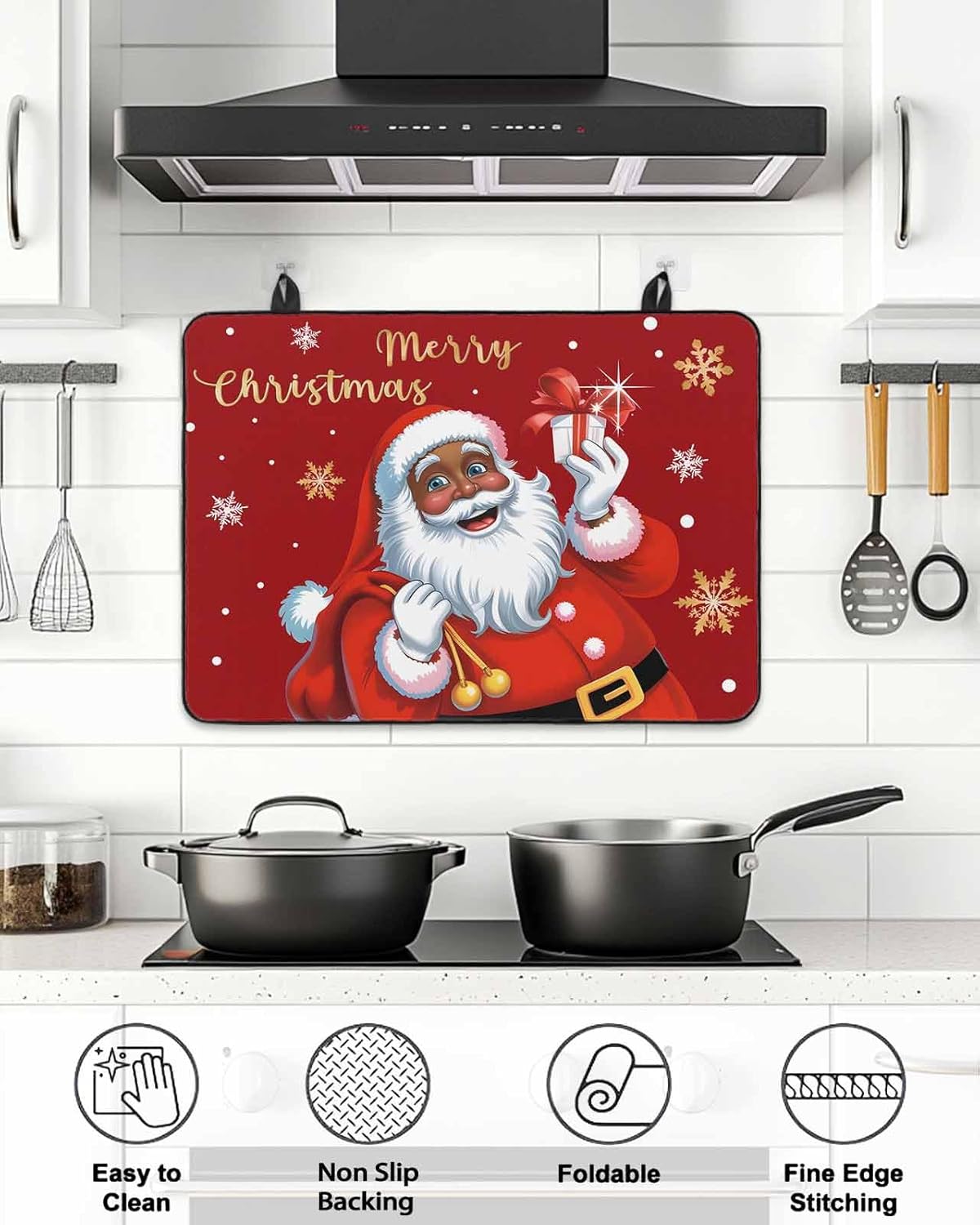 Christmas Stove Top Cover Black Santa Claus Stove Cover for Electric Stove Top Merry Christmas Snowflake Glass Cooktop Covers Anti-Slip Mat Heat Resistant Countertop Protector 28.5"x20.5"