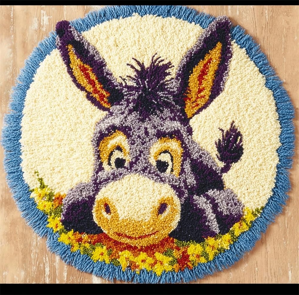 kitphoenix Creative Latch Hook Rug Kit Festival Cute Donkey 20X20Inch (50X50Cm) Animal Pattern Handmade Latch Hook Kits for Adults for Christmas Carpet Beginners Adults
