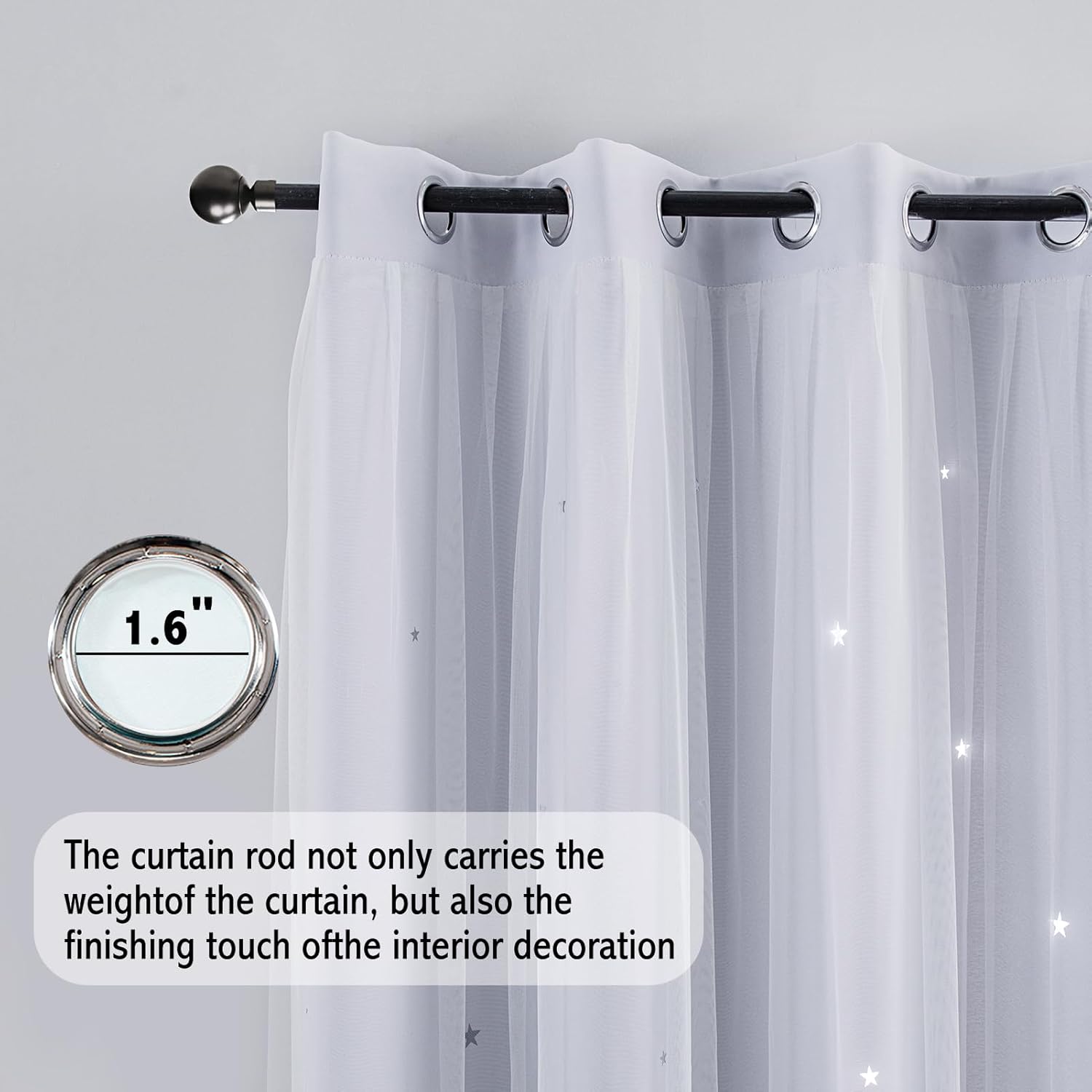 Anytime Romantic Kids Curtain,Hollow-Out Stars Window Curtain Double Layer Blackout Curtains for Girls Bedroom Kids Room 2Panel,(W52 x L72,Greyish White)