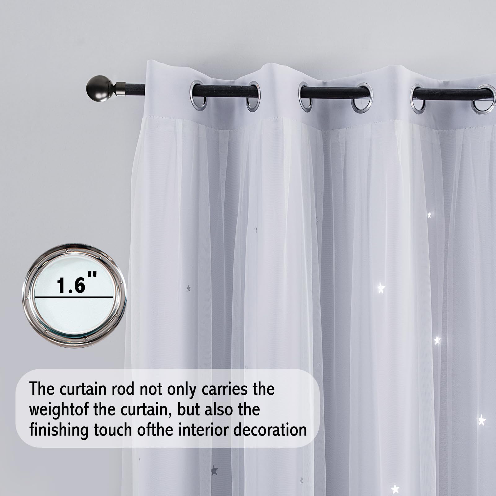 Anytime Cortina romántica para niños, cortina de ventana con estrellas huecas, cortinas opacas de doble capa para niñas, dormitorio, habitación de niños, 2 paneles (52 x 95 pulgadas, blanco grisáceo)