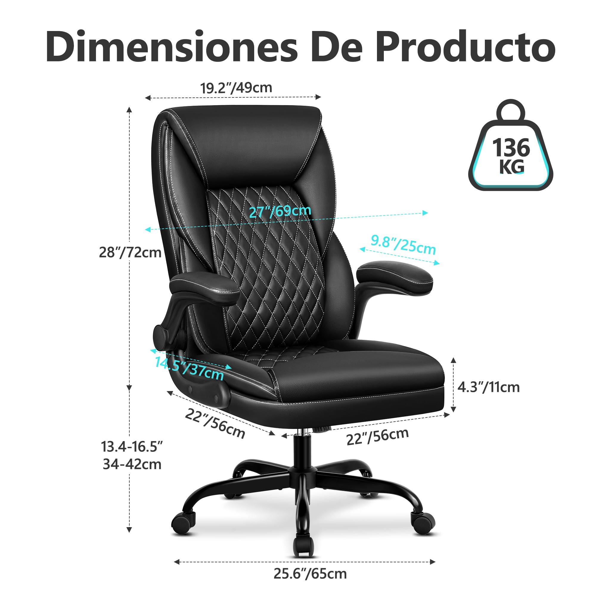 Silla de Oficina Ergonómica Piel Sintética Ajustable Giratoria 136 kg Negro