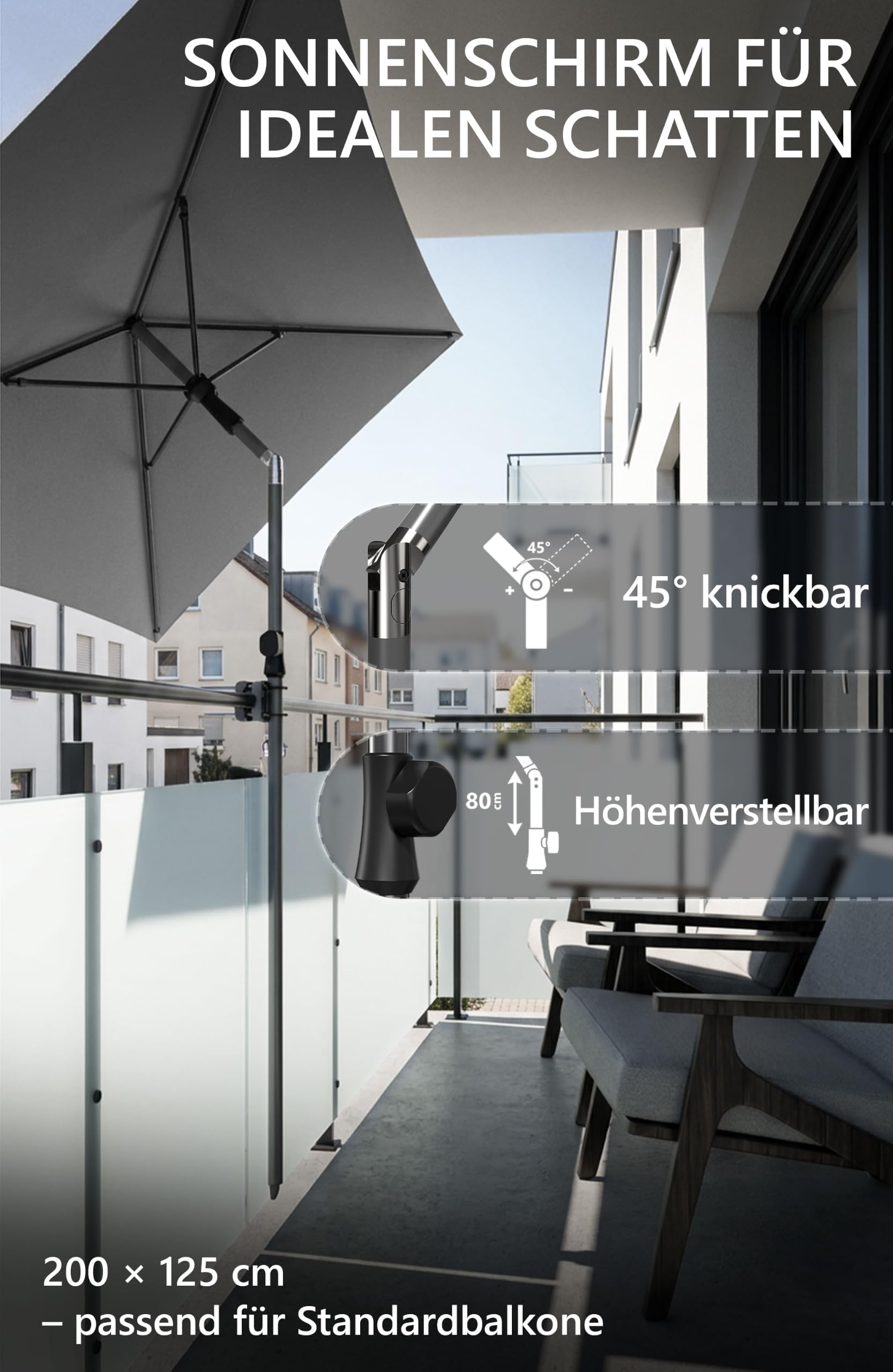 4smile Sonnenschirm Balkon 200 × 125 cm, Sonnenschirm rechteckig mit UPF 50+, 45° knickbar & höhenverstellbar, für Sonnenschutz Balkon mit Sonnenschirmhülle, Balkonschirm in Anthrazit