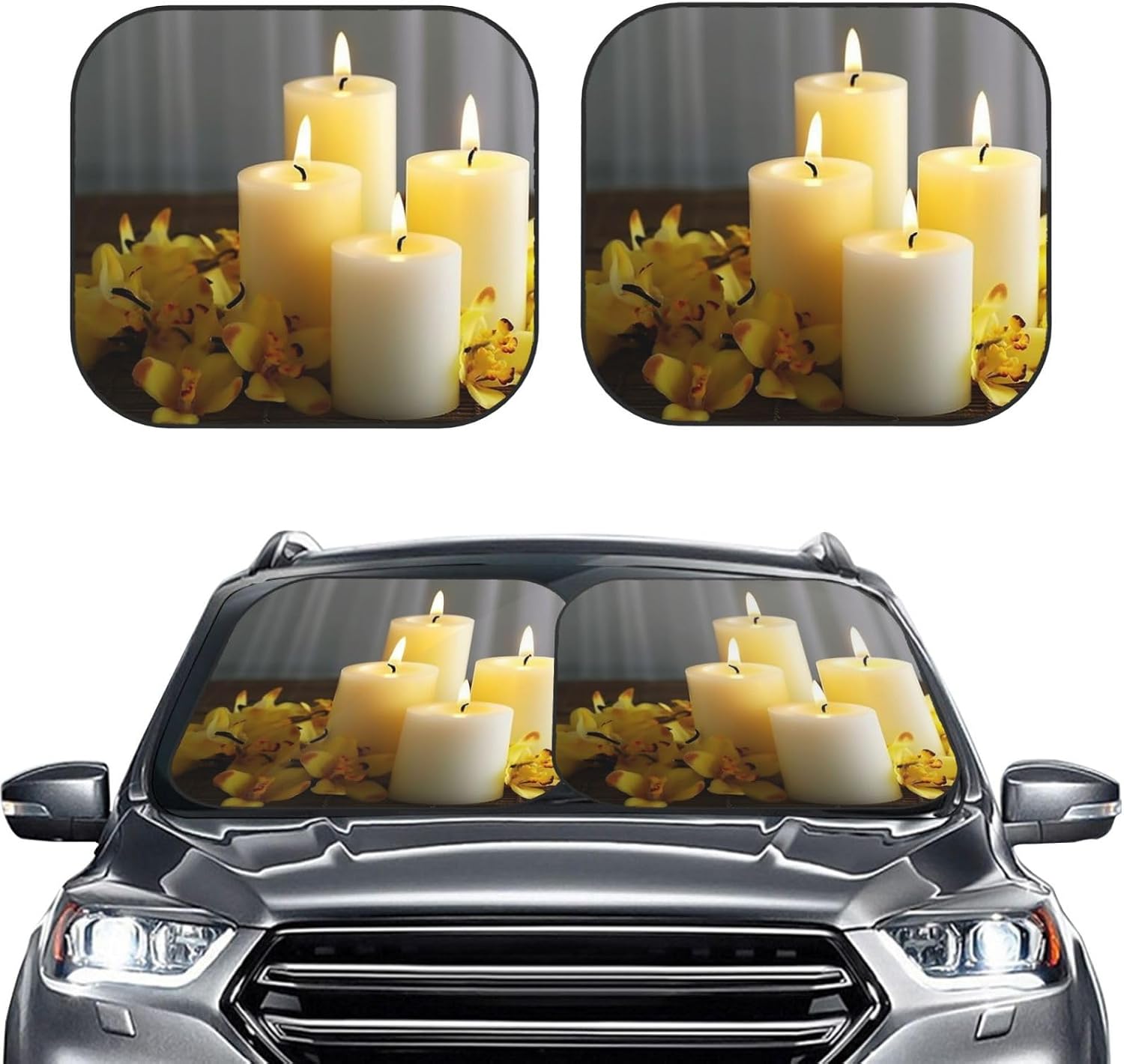 Yellow Butterfly with White Candles Car Windshield Sunshade 2025 Upgraded 2 PCS UV Reflective Front Windshield Shade Auto Sun Visor Protector Blocks Universal Fit Car Interior Accessory Small image 2