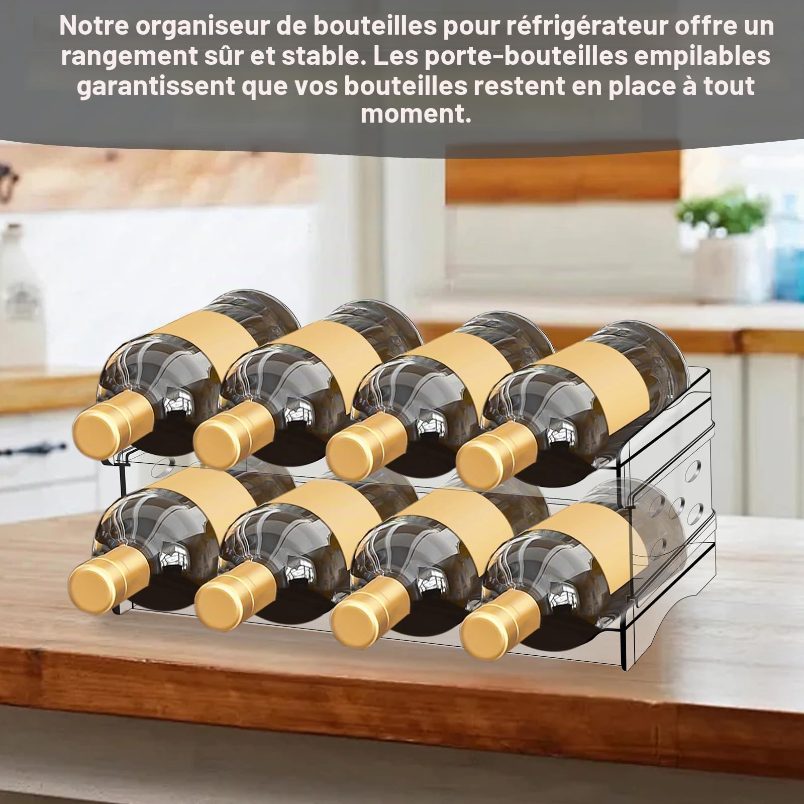 Étagère à bouteilles pour réfrigérateur Organisateur bouteilles : étagère à bouteilles empilable Étagère à vin, porte-bouteille d'eau transparent Réfrigérateur Étagère à vin Étagère pour
