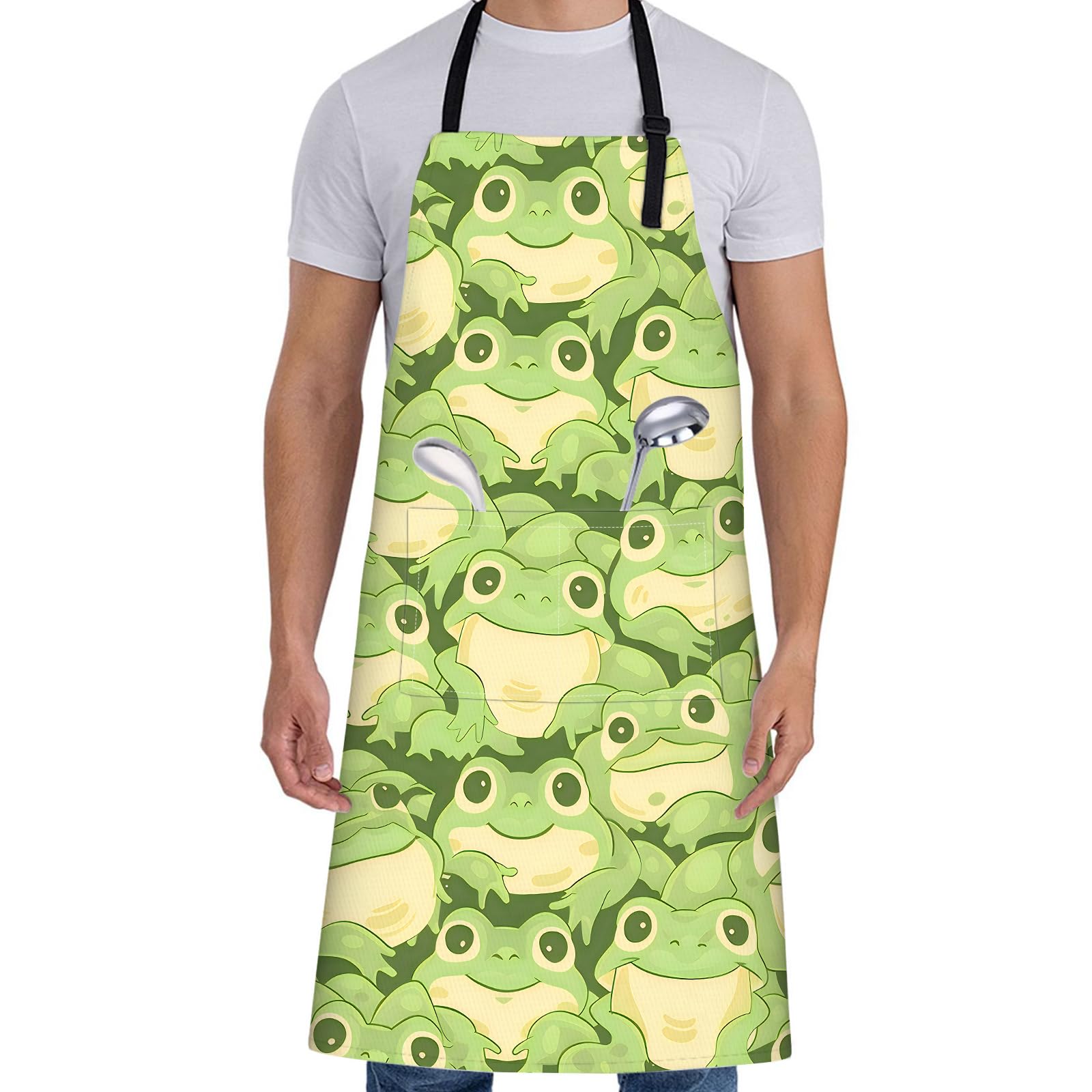 Bonito delantal de rana para mujeres y hombres, 27 x 31 pulgadas, divertidos delantales de cocina de dibujos animados con 2 bolsillos