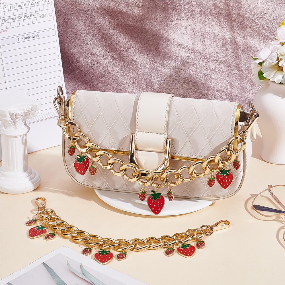 Beebeecraft 1 Box 2Pcs Strawberry Purse Extender Chain Bag Charm Chain Strap Red Enamel Fruit Light Gold Decorative Aluminum Straps for Bags Purse Keychains Charms Jewelry DIY Making Crafting