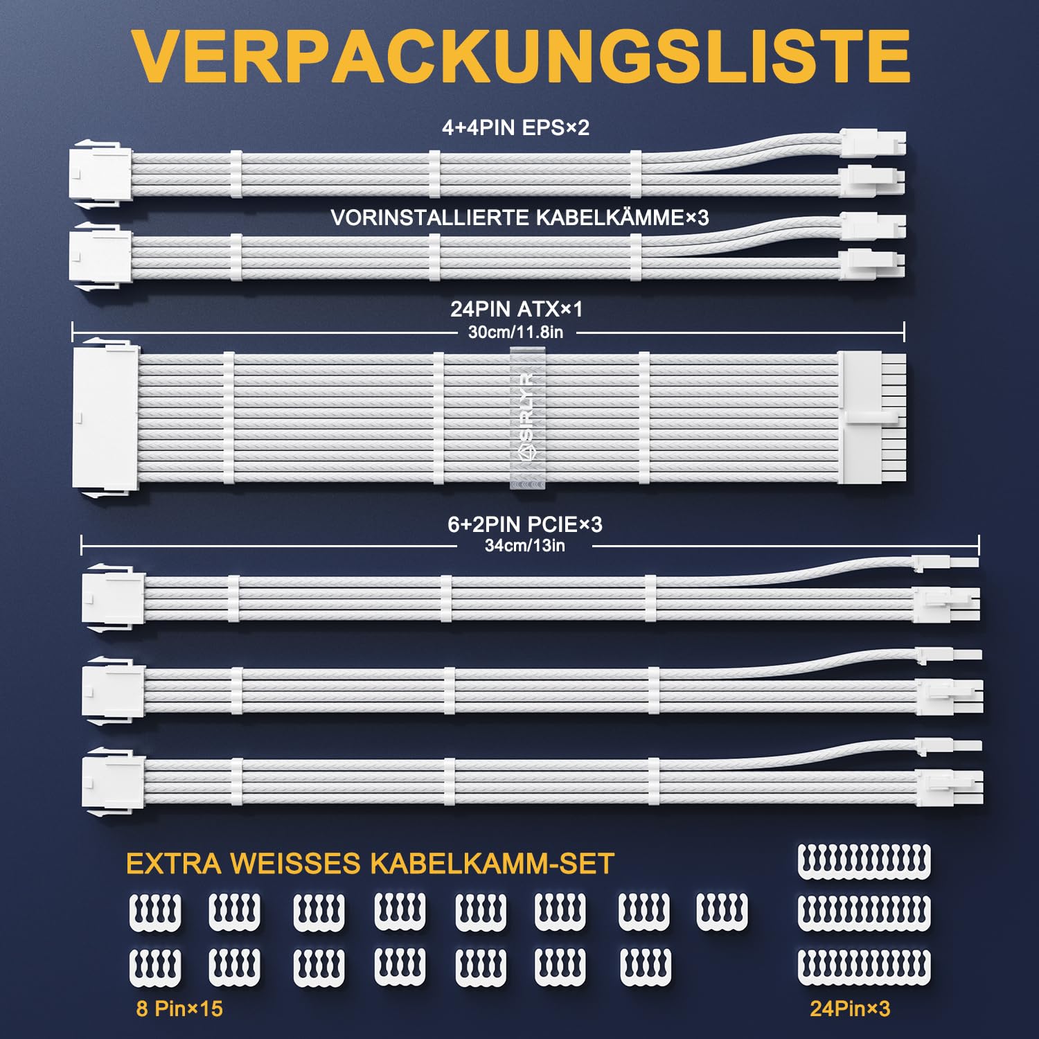 Sirlyr Białe kable zasilacza, łatwe zarządzanie przedłużacz kabla zasilającego Mod - 1x24Pin ATX / 2x8 (4+4) Pin EPS / 3x8 (6+2) Pin Pozłacany GPU, Nylonowa osłona, pełna biała obudowa PC, 6 zestawów