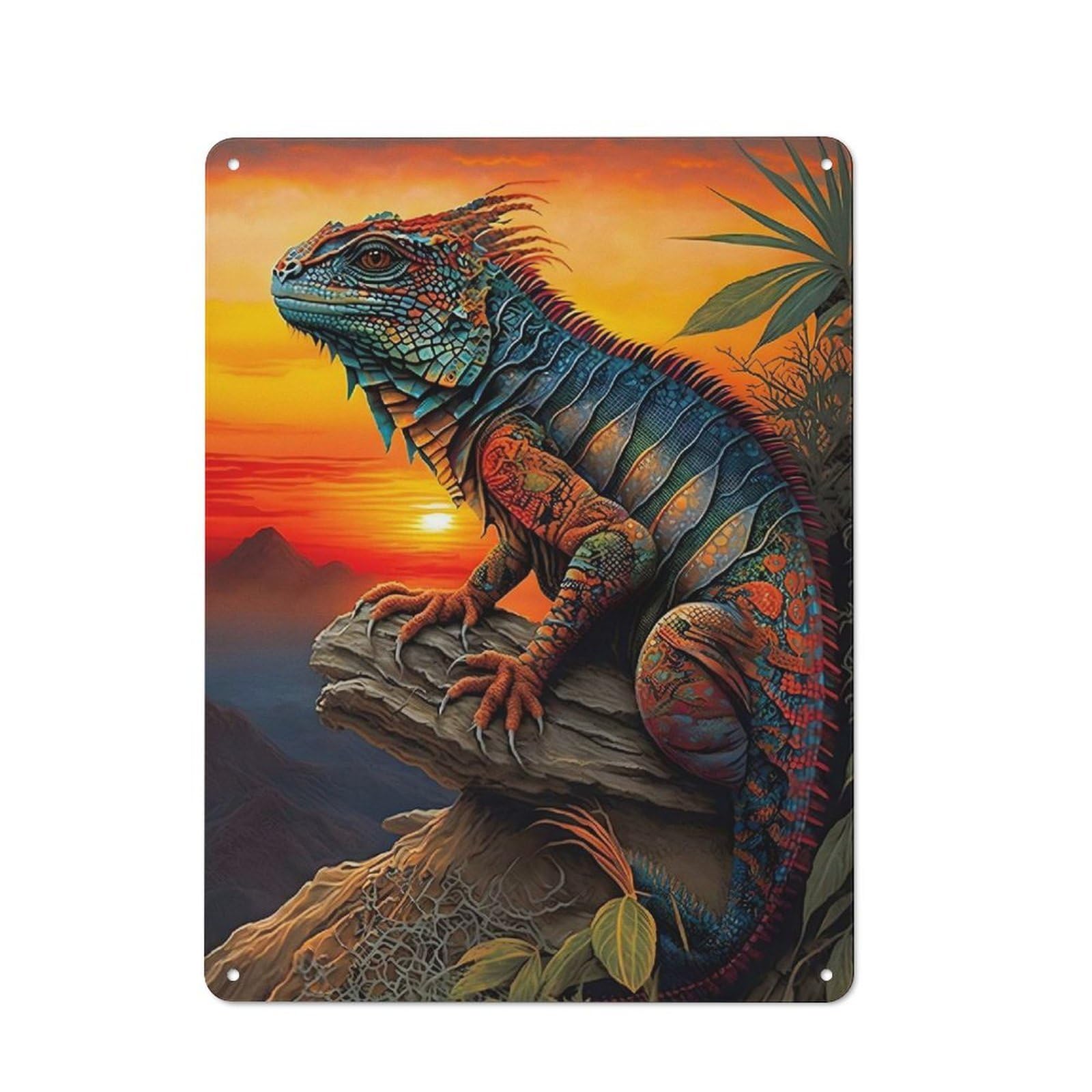 Rustic Iguana in Sunset Decorative Tin Sign 40x30cm, Cottage Wall Art for Cottage, Kitchen, Hallway Or Breakfast Nook