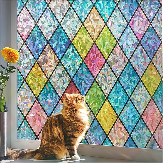 Beautysaid Rainbow Window Film Privacy: Stained Glass Self Adhesive, No-Glue Frosted Window Tint, Static Cling，UV Window Film Home (Multicolor, 90x300cm） — image 1