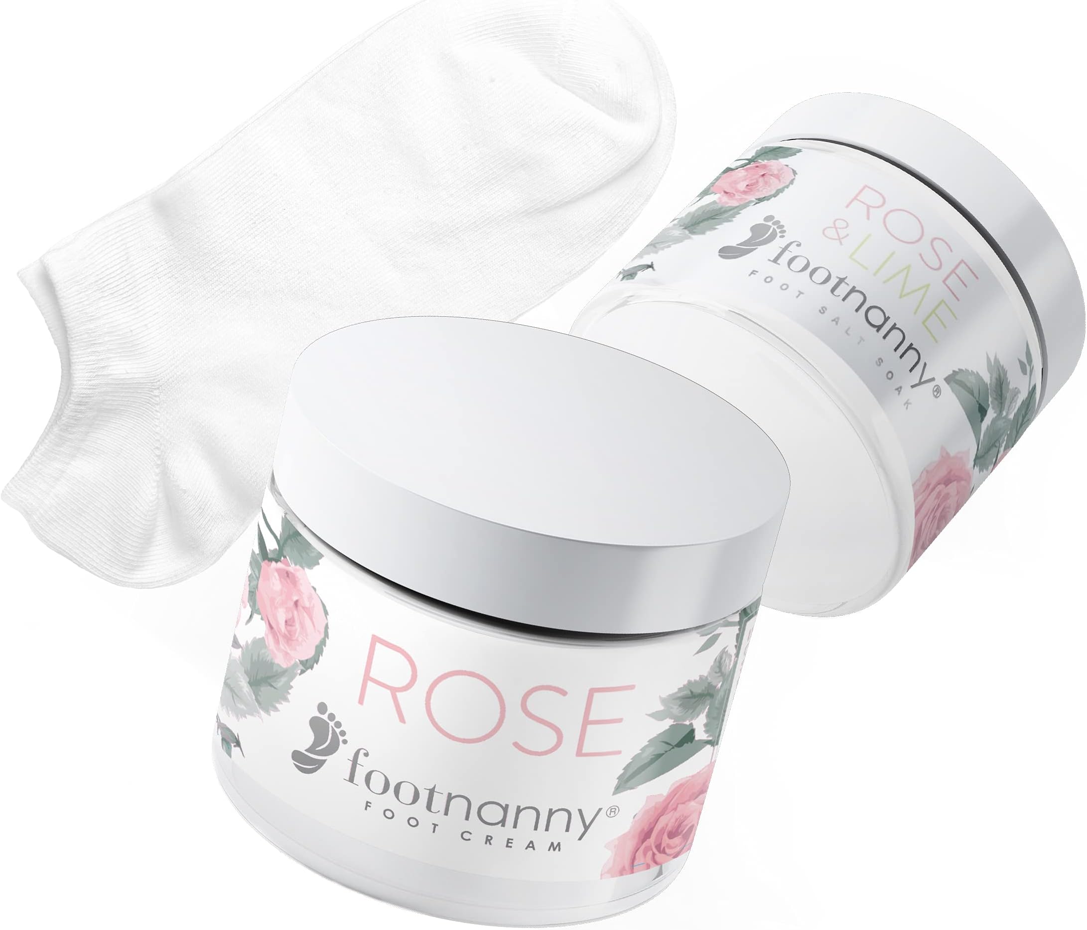 Footnanny Rose Gift Set - - Rose Cream & Rose Lime Soaking Salts & Socks & Buffer