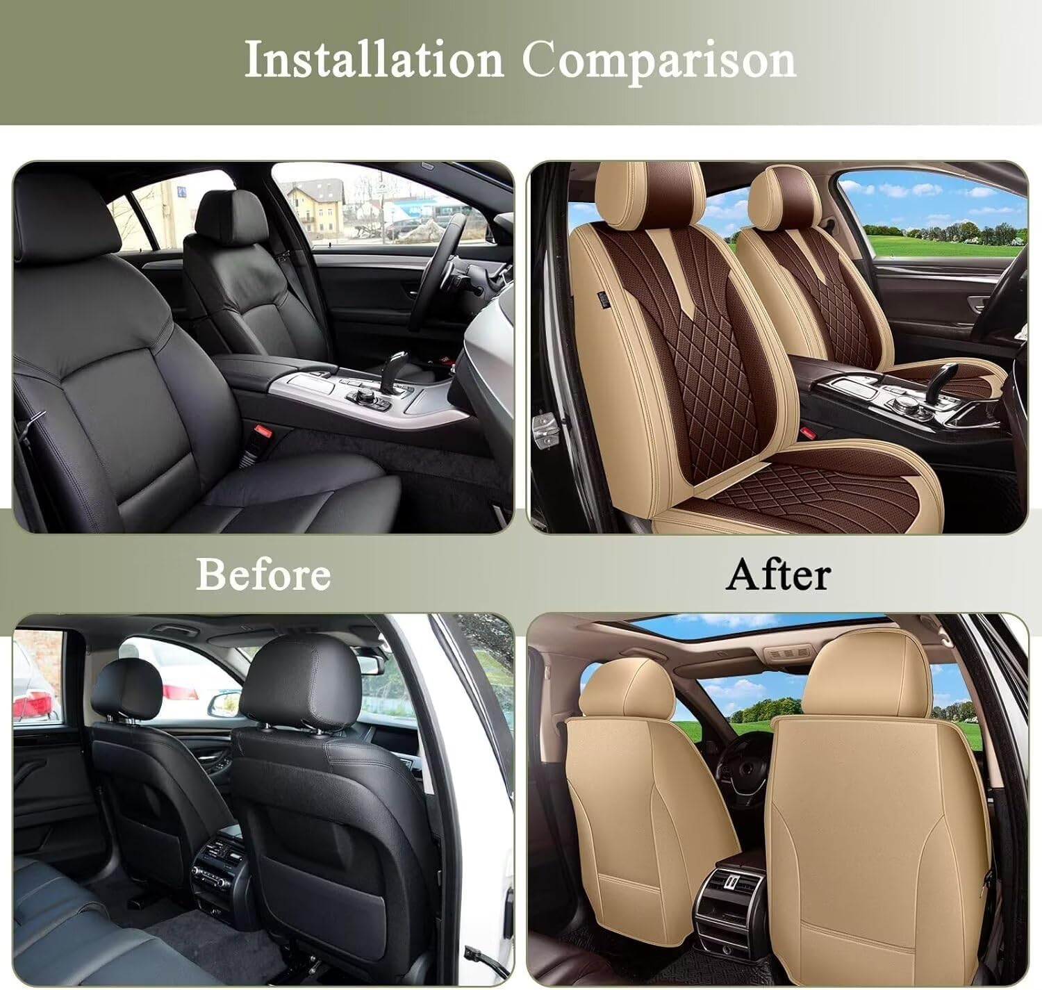 IKABEVEM Breathable Seat Covers for Hyundai Azera 2006-2017, Leather 2 Front Car Seat Protectors Automobile Accessories (Beige&Brown)