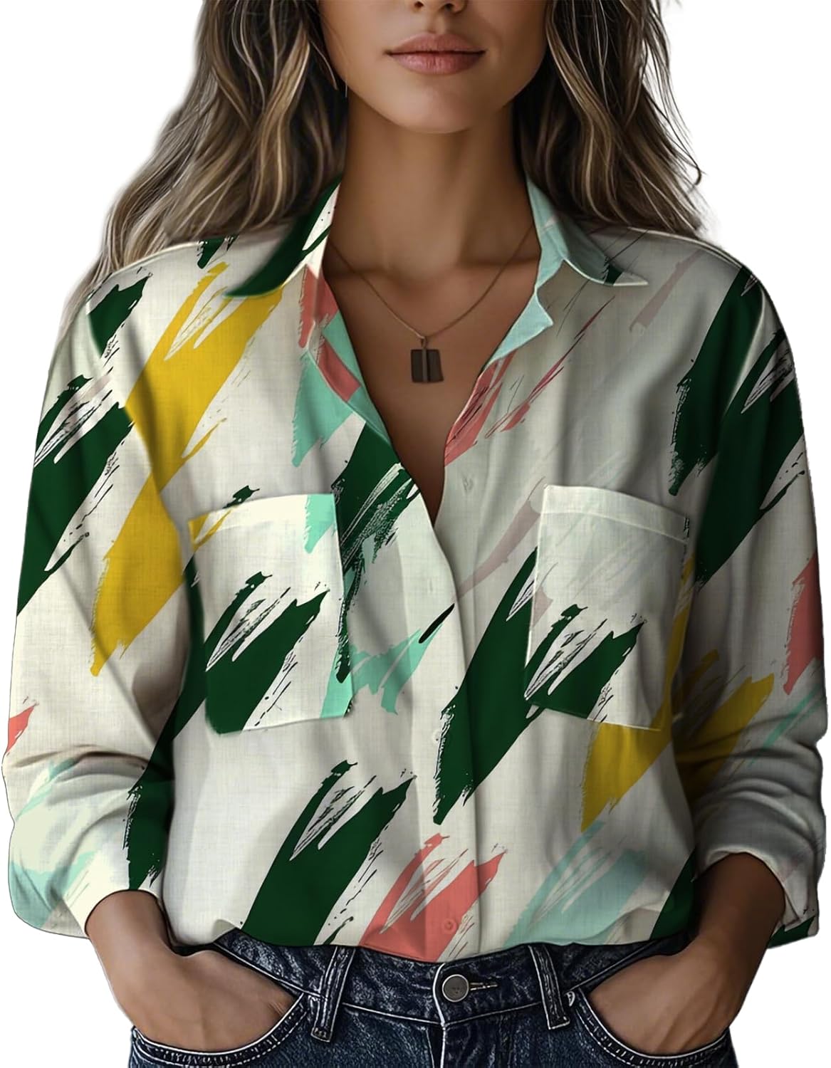 Long Sleeve Shirts for Women Spring Graphic V Neck Plus Size Hawaiian Beach Flowy Gauze Tops with Pocket