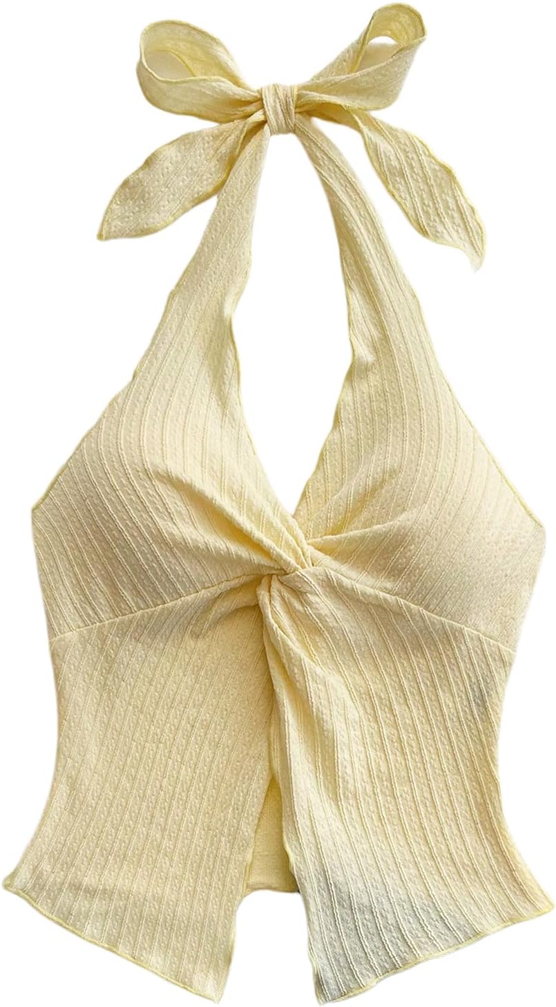 MakeMeChic Women's Backless Halter Top Twist Deep V Neck Sexy Cute Summer Tank Top