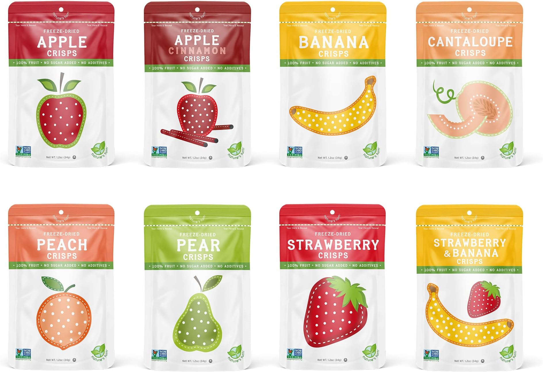 Freeze-Dried Fruit Crisps – Healthy, Gluten-Free, Plant-Based, Crispy & Delicious Snack – Ideal for Cereal, & School On-the-Go Snacks – Sampler Variety Bags, 8 Bags (1.2 oz Each)