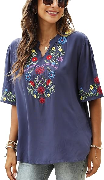 Higustar Womens Mexican Embroidered Tops Boho Floral Peasant Shirt Bohemian Traditional Clothes Fiesta Tunic Blouse