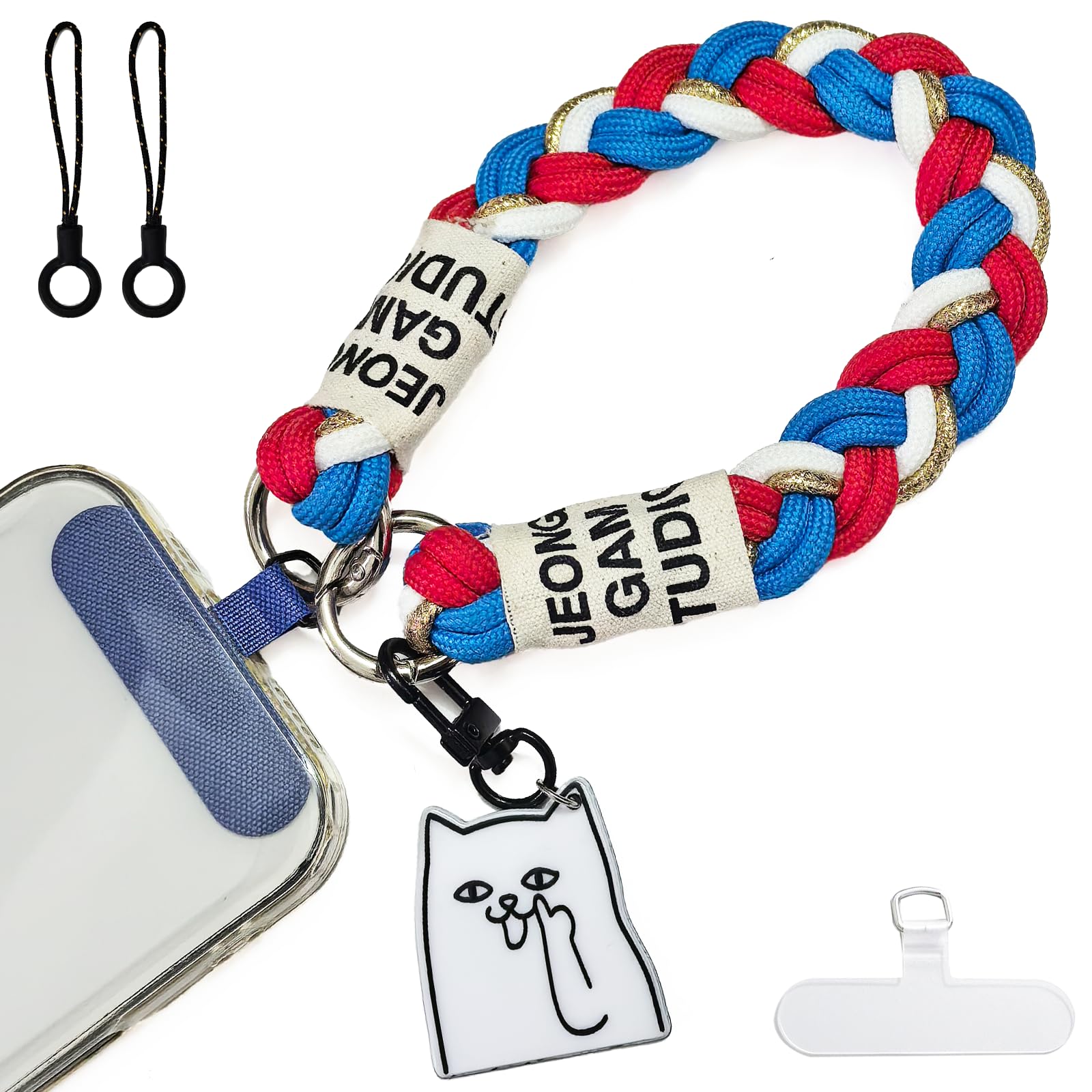 [Oumino] スマホストラップ スマホハンドストラップ 携帯ストラップ リストストラップ 編み込み 猫チャーム バッグストラップ iPhone 対応 手首ストラップ ポーチ飾り 極太 おしゃれ 可愛い 落下防止 アウトドア 全機種対応 (青赤白)