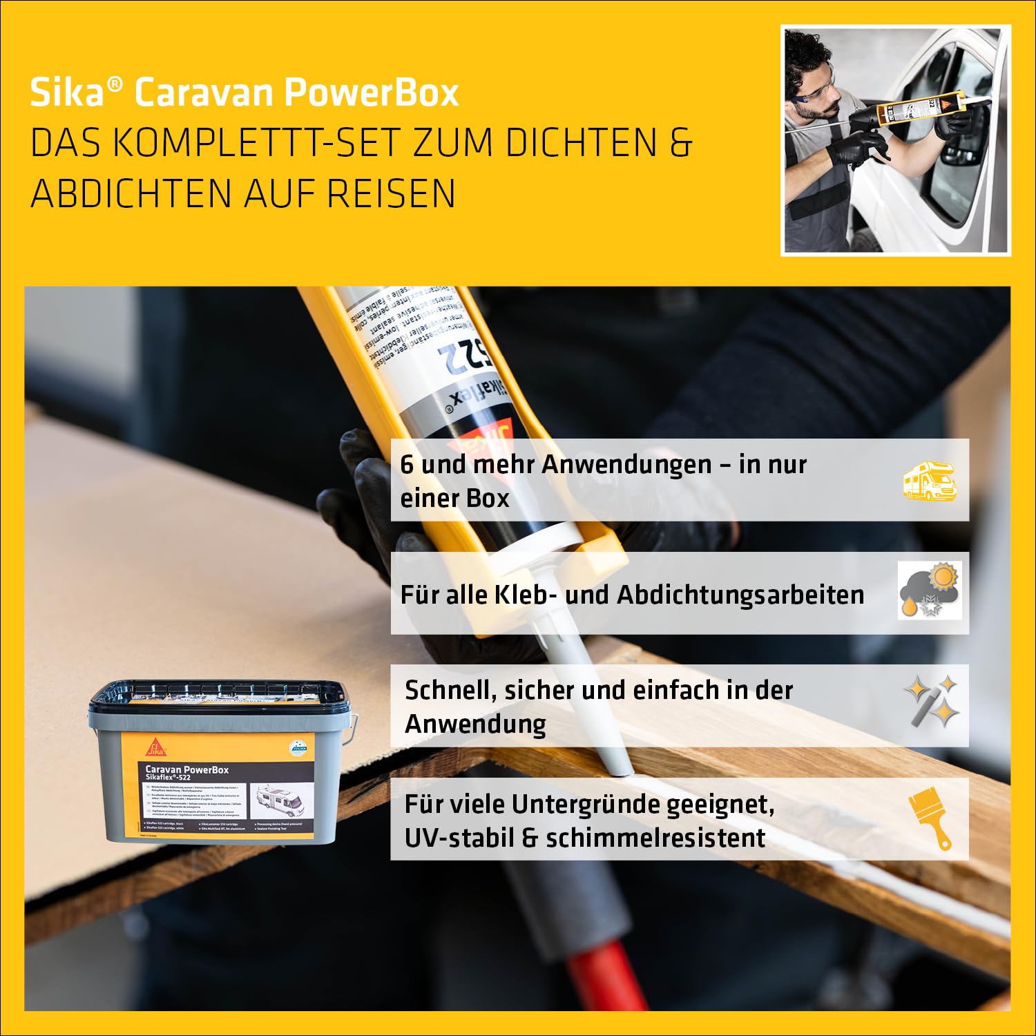 Sika - Sika Caravan PowerBox - Komplettset zum Dichten und Abdichten am Caravan - für viele Materialien - Innen und außen anwendbar - alterungs- und witterungsbeständig