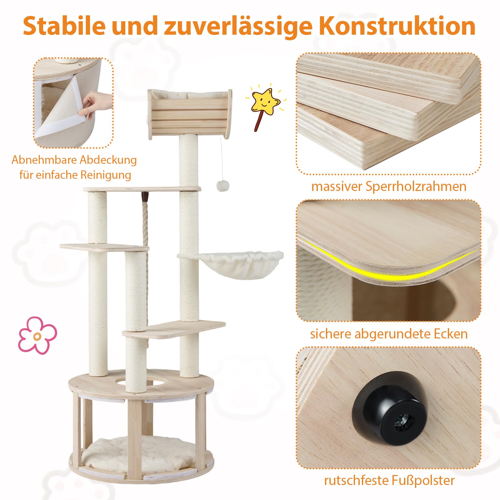 COSTWAY Drapak drewniany, 141 cm, z dużą jaskinią dla kota, hamak, sizalowe słupki do drapaka, piłka i platformy, gruby pień, drapak dla kotów, drzewo wspinaczkowe, drzewo do aktywności, naturalne