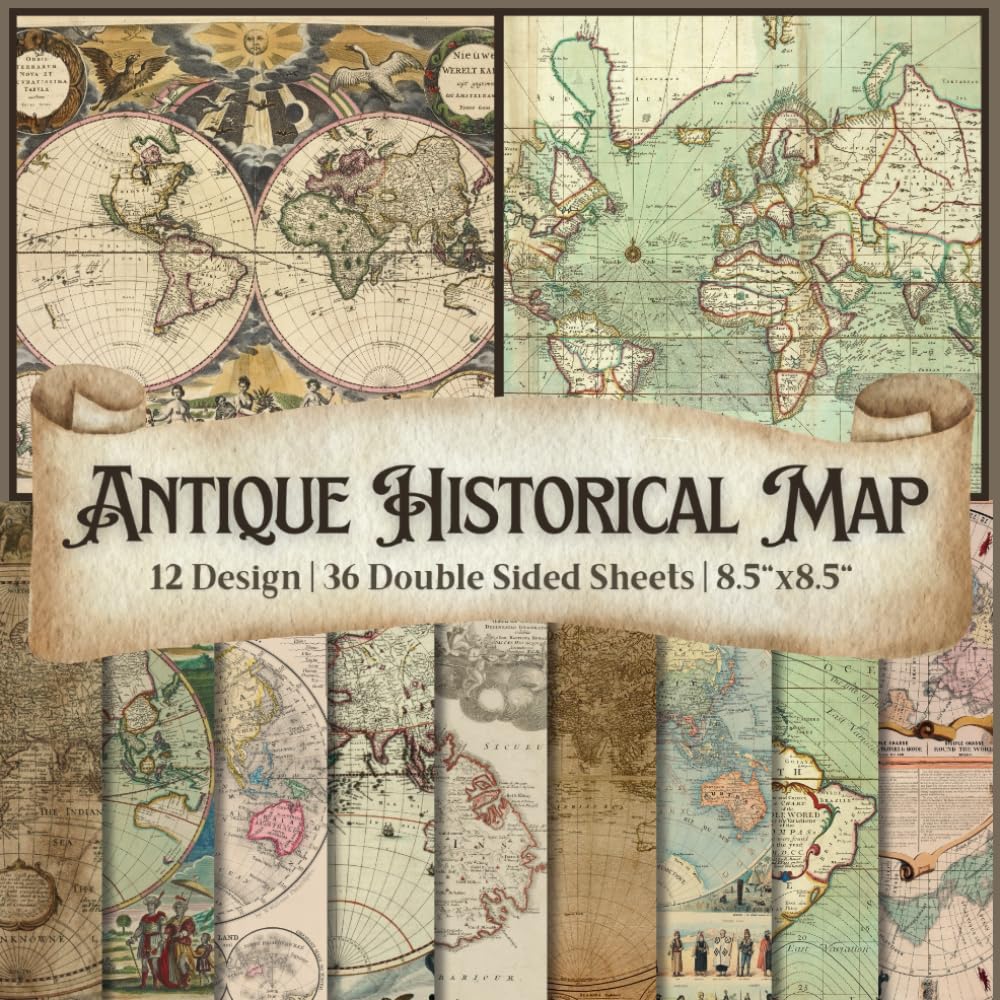 Antique Historical Map Scrapbook Paper Craft Pad: 12 Vintage World Maps Designs, 36 Double-Side Sheets (3 Per Design) 8.5"x8.5" Size Scrapbooking ... Photo Album, Cardstock, DIY, Decoupage Etc.