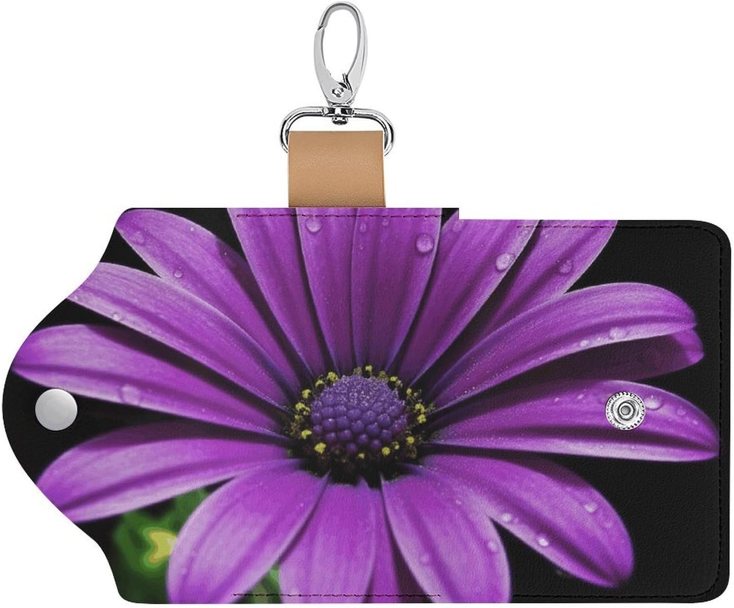 Purple Daisy Key Pouch, PU Leather Key Holder, Personalized Snap Closure Key Bag with Card Slot & Coin Pocket, Portable Key Organizer for Car Keys House Keys, Men Women