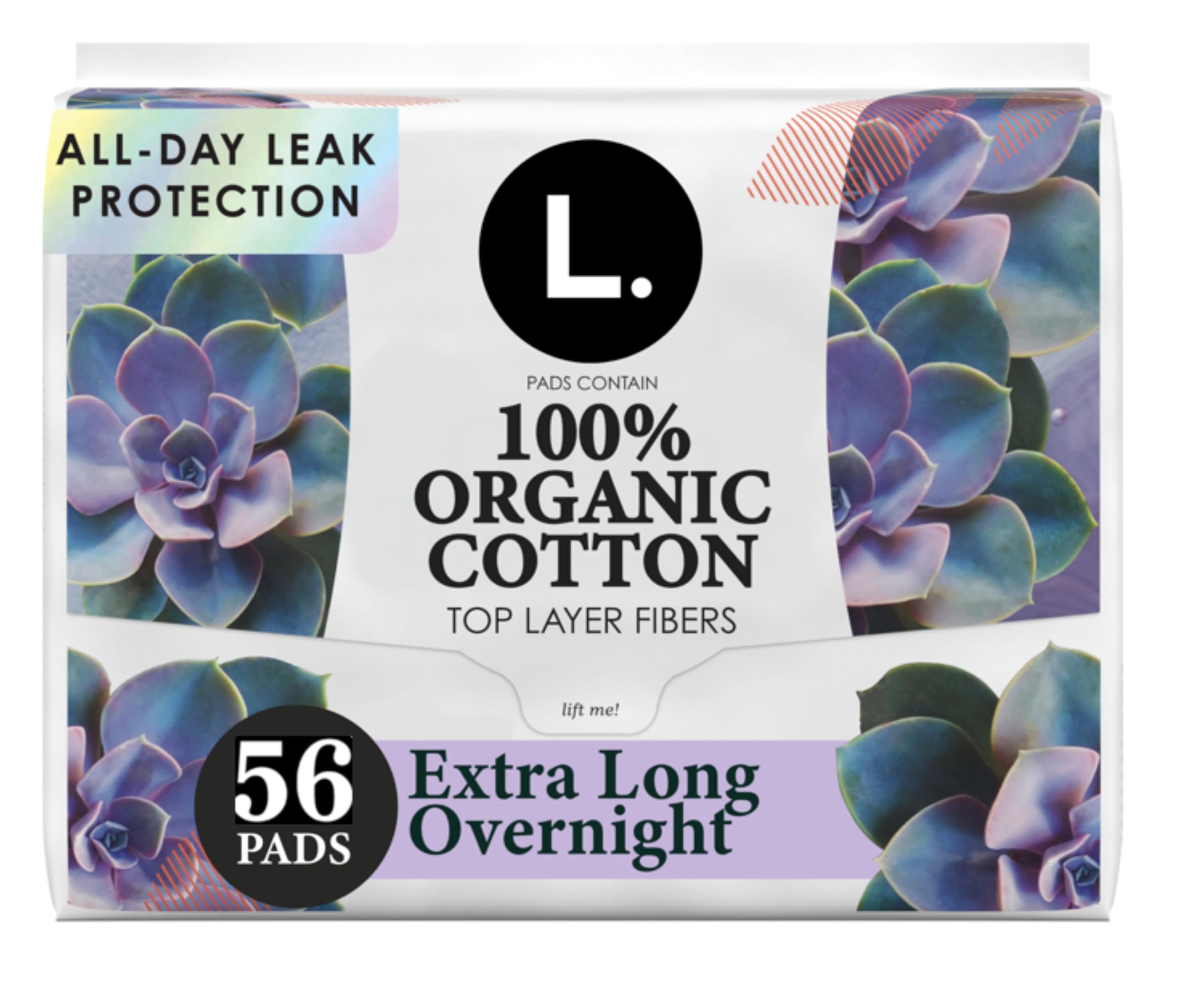 L. Extra Long Maxi Pads for Women, Overnight Absorbency, Organic Cotton Top Layer, Unscented Pads with Wings, 56 Count (2 Packs of 28)