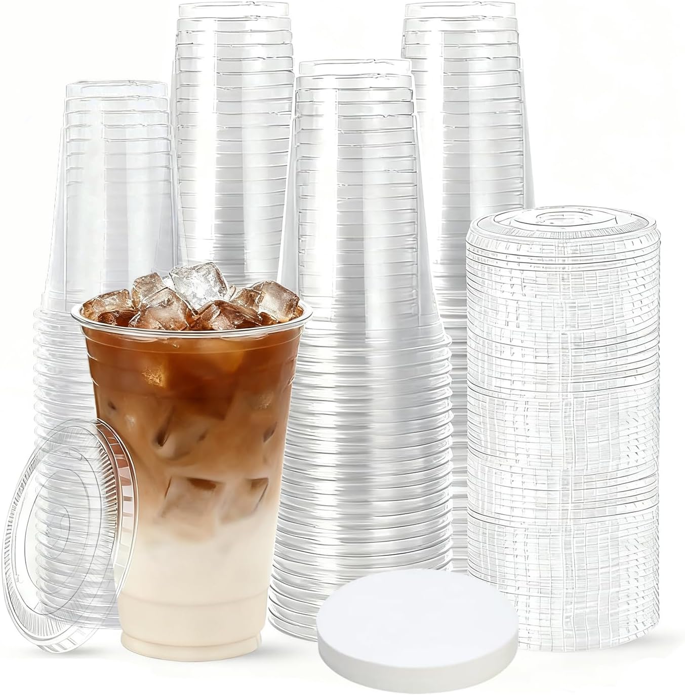 16 oz Recyclable Iced Coffee Cups with Lids and Straws, Reusable Clear Cups with Leak Proof Paper, Ideal for Cold Beverages,Parties, Camping, Suitable for Most Car Brackets Pack 50