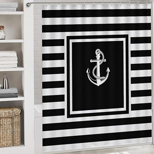 Miniatura 5 de 4Pcs Shower Curtain Sets, Black White Striped Nautical Anchor Boat Bathroom Sets with Non-Slip Bath Rugs, Toilet Lid Cover & U Shape Mat, Waterproof