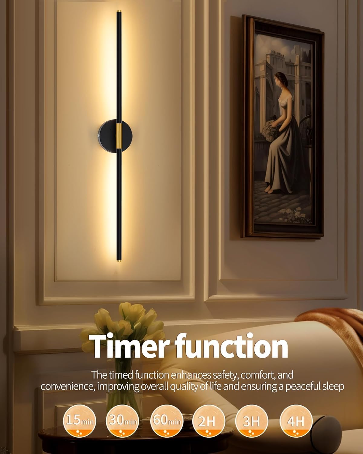 24 Inch Battery Operated Wall Sconce Set of 2, Dimmable Battery Sconces with Remote Control, 8000 mAh Rechargeable Sconces, 350° Rotate Modern LED Lights for Bedroom, Living Room, Black Gold