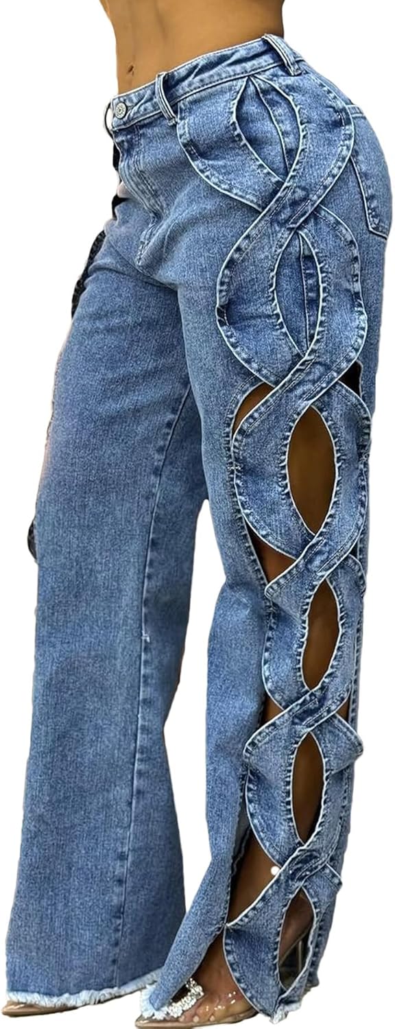 Geulis Women High Waisted Jeans Y2k Trendy Sexy Hollow Out Wide Straight Leg Cutout Baggy Jeans