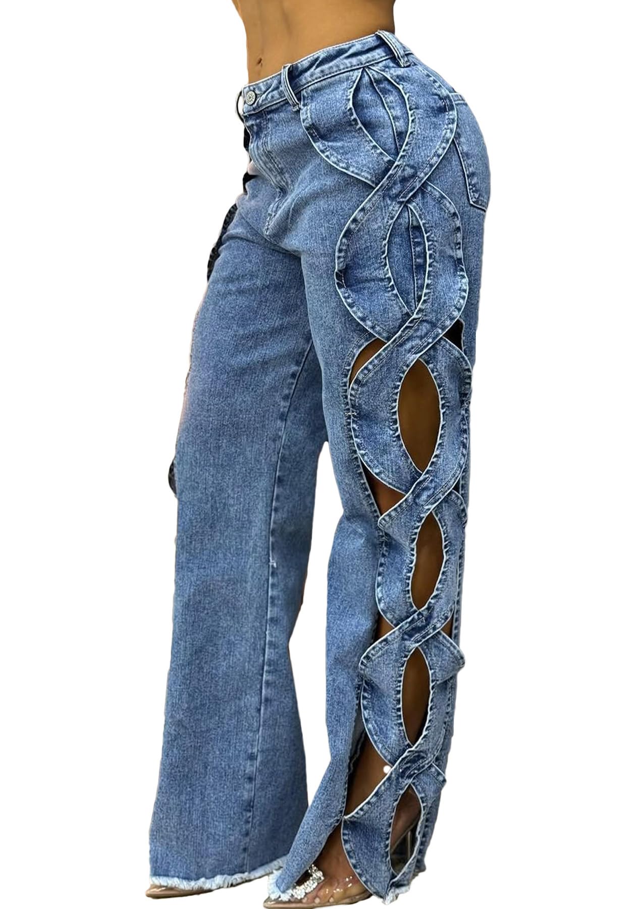 Geulis Women High Waisted Jeans Y2k Trendy Sexy Hollow Out Wide Straight Leg Cutout Baggy Jeans