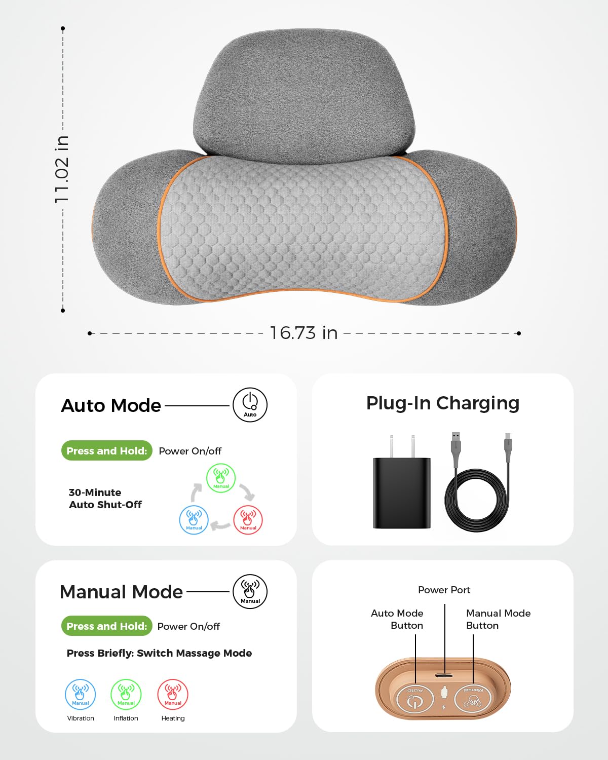 Cuscino massaggiante 3 in 1 per alleviare il dolore ai tessuti profondi con calore, massaggiatore senza fili e ricaricabile con trazione per collo gobba e spalle, cuscino in memory foam (con