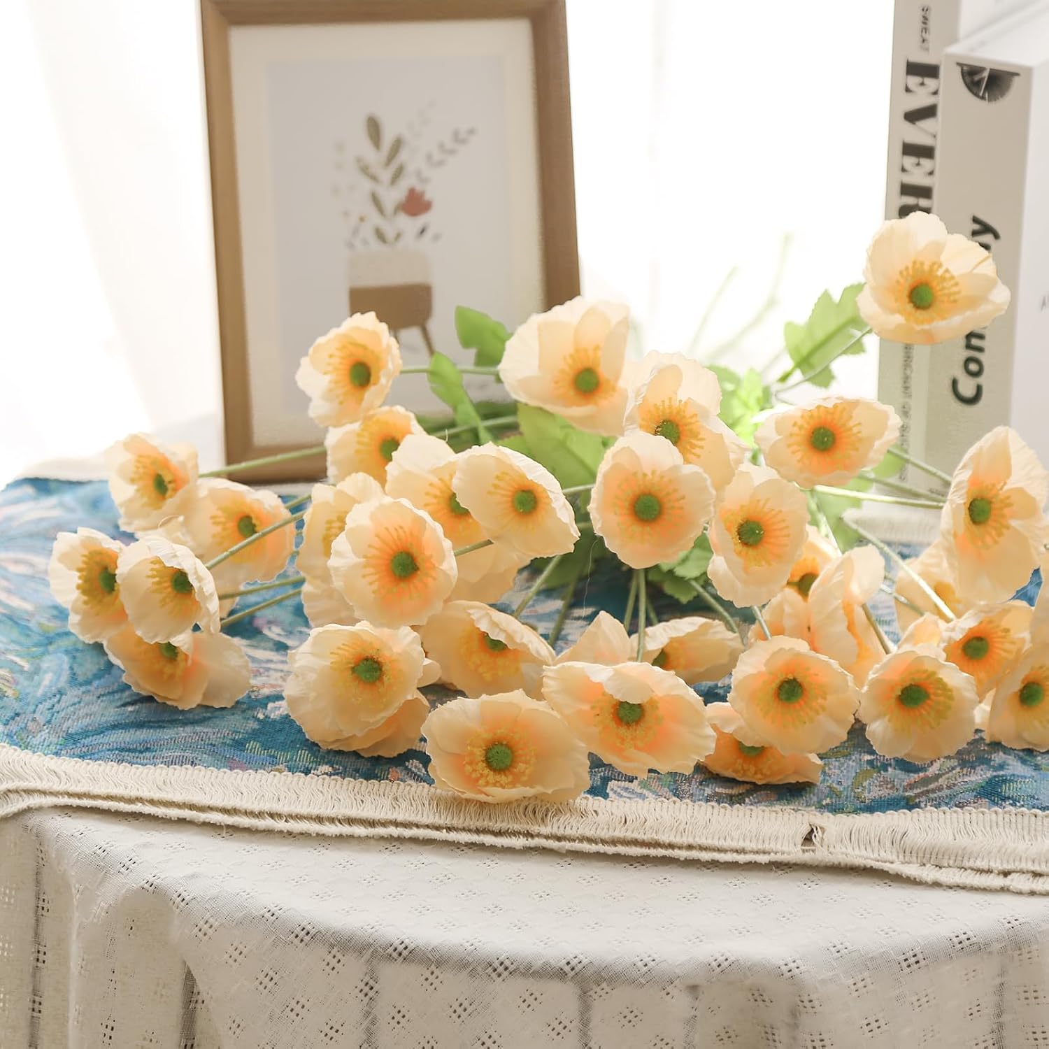 10 Pcs Artificial Poppy Flowers with 40 Heads Lifelike Silk Fake Poppies for Vase Faux Poppies Flowers for Spring Wedding Home Table Centerpiece Baby Shower Veterans Day Decoration (Champagne)