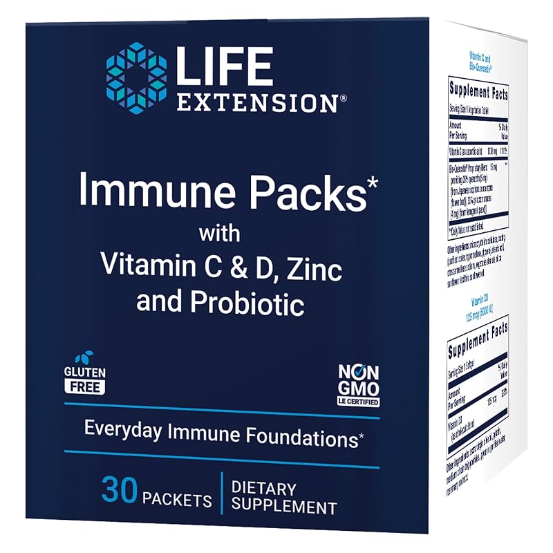 Life Extension Suplemento para a Imunidade com Vitaminas C e D, Zinco e Probiótico, 30 pacotes
