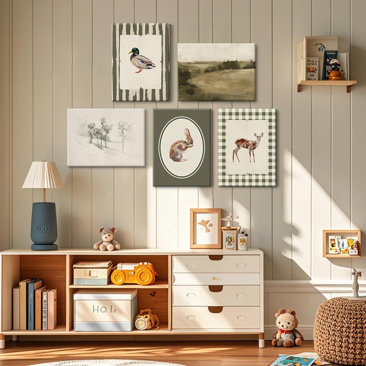 Vintage Nursery Wall Art Kids Canvas Poster Baby Boy Room Wall Decor Green Rabbit Wall Art Bunny Bird Prints Deer Picture Farmhouse Painting Nursery Artwork for Bedroom 8x10x5 Inch Ready to Hang