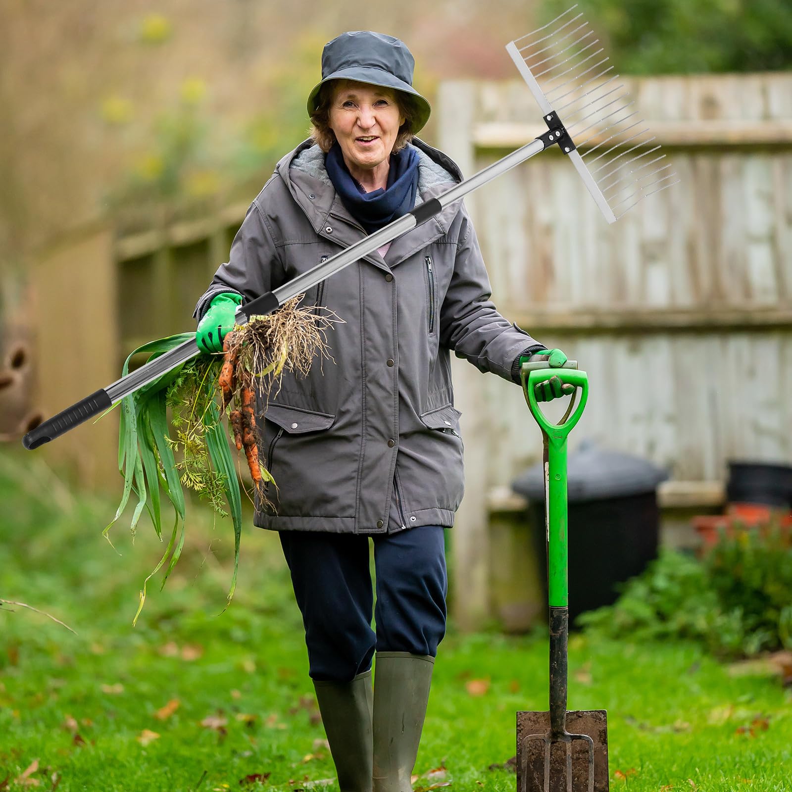 Gartenrechen mit Stiel Herbst Feier aus Edelstahl, Verstellbar | 21 Zähne, Abnehmbar und Teleskopisch, für Rasen und Garage, Handbelastung Beim Lockern